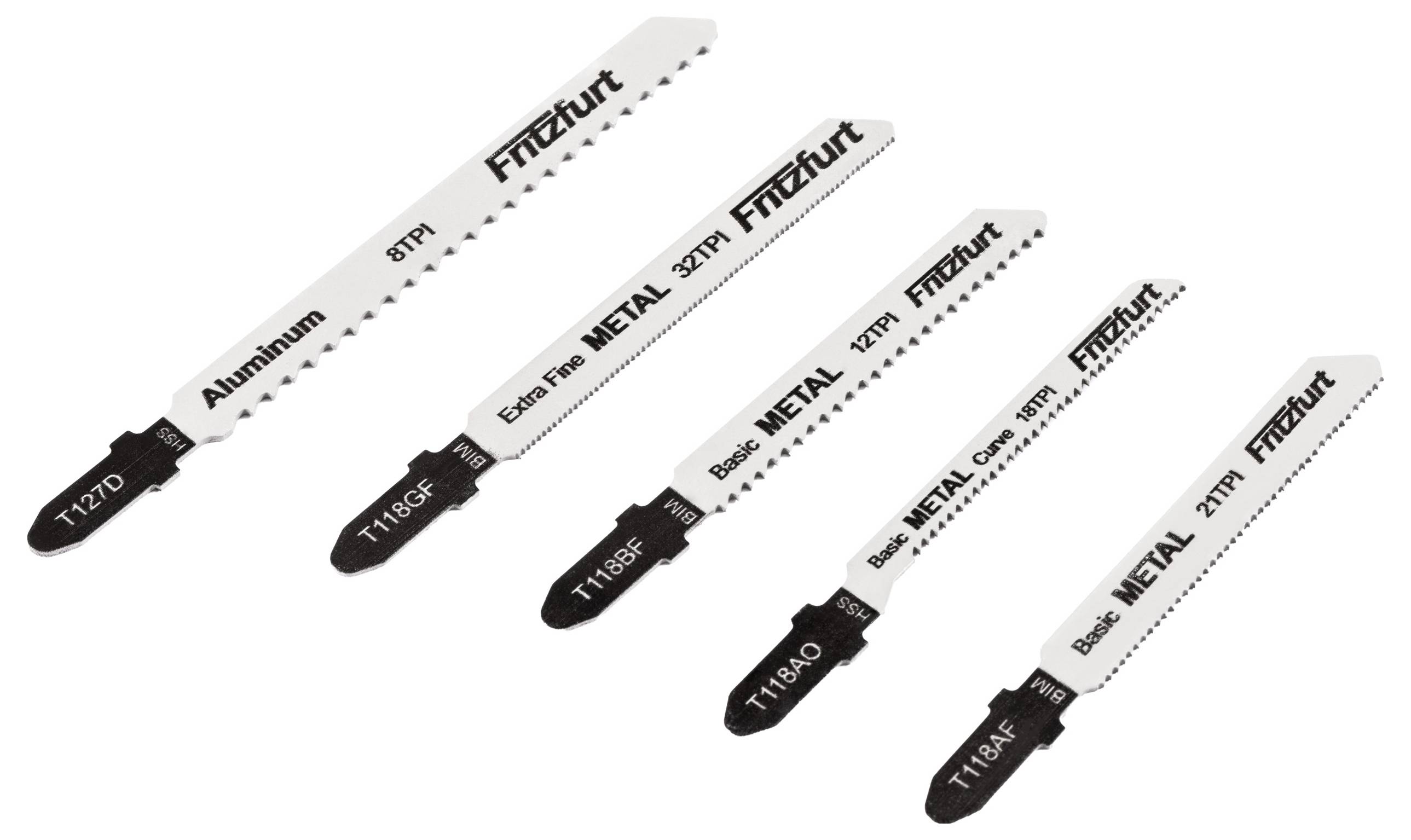 Fünf Metallsägeblätter mit Beschriftungen 'Aluminium', 'Extra Fein METALL', 'Basic METALL', mit verschiedenen Zahnkonfigurationen und Größen.