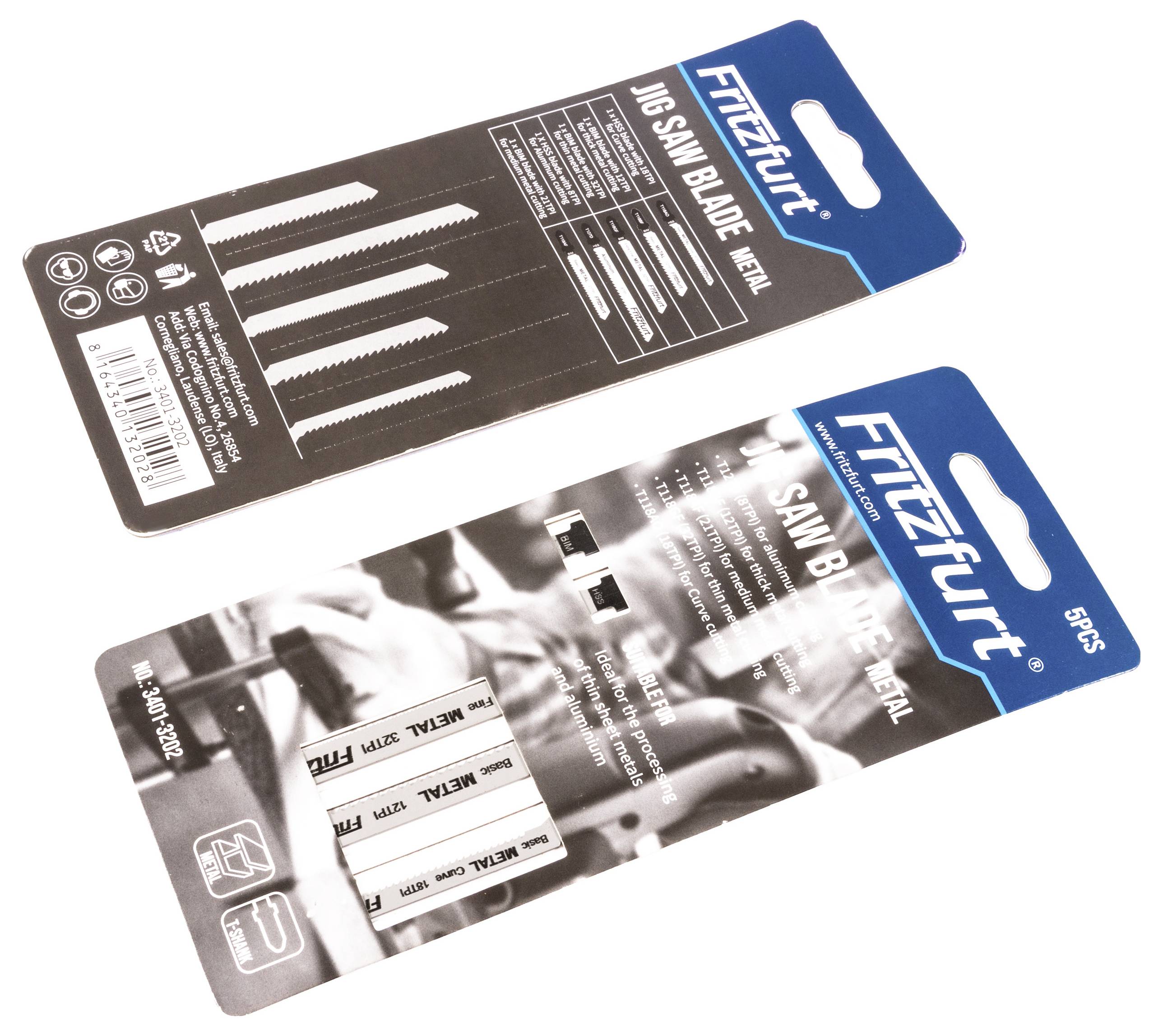 Zwei Verpackungsdesigns für Stichsägeblätter. Die obere Darstellung zeigt eine Reihe von vier Metallklingen, die untere hebt den Markennamen und die Merkmale hervor.