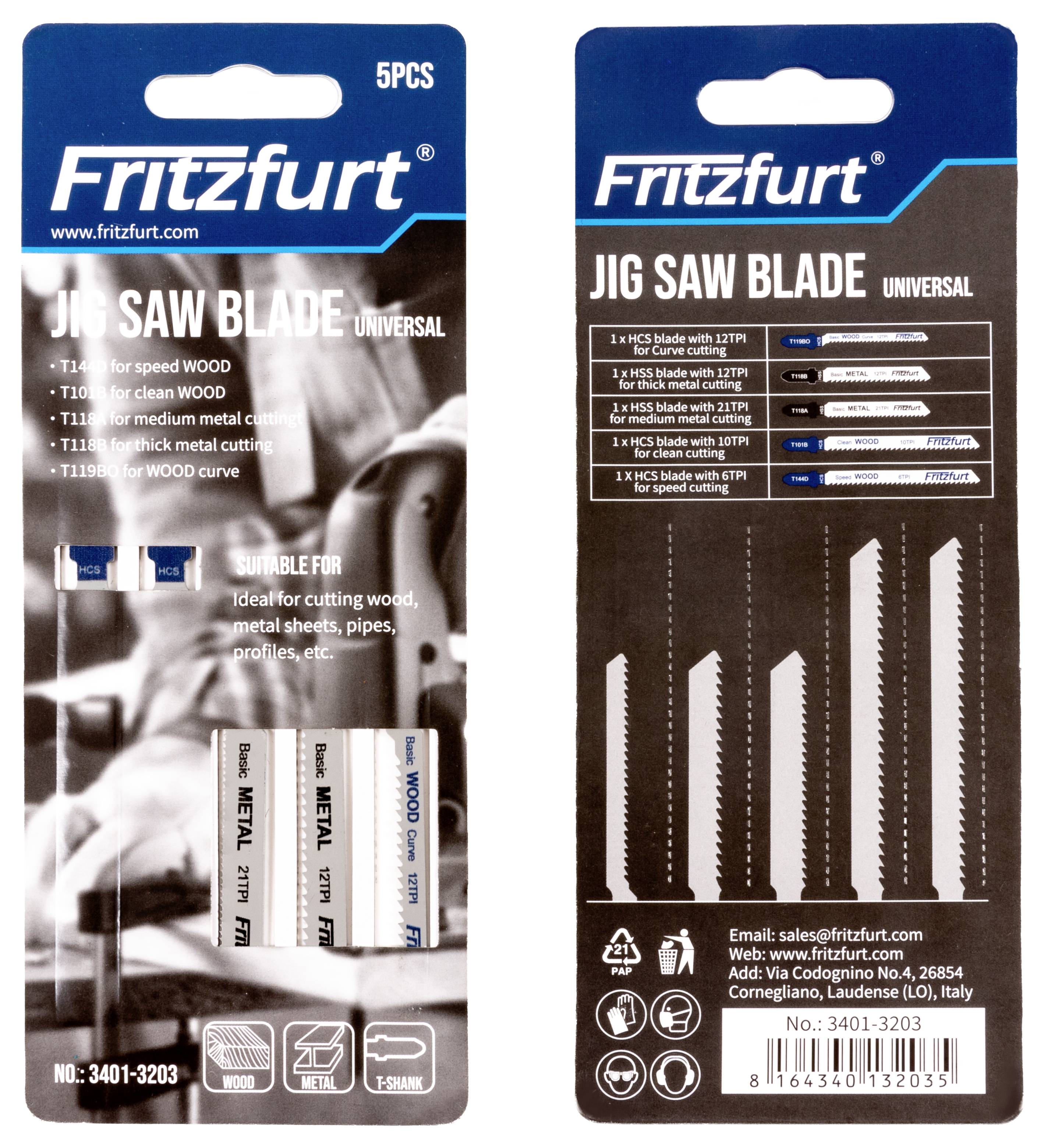 'Fritzfurt Universal-Stichsägeblatt'. Verpackung für Stichsägeblätter zeigt Klingen für Metall und Holz mit Produktinformationen und Kontaktdaten.