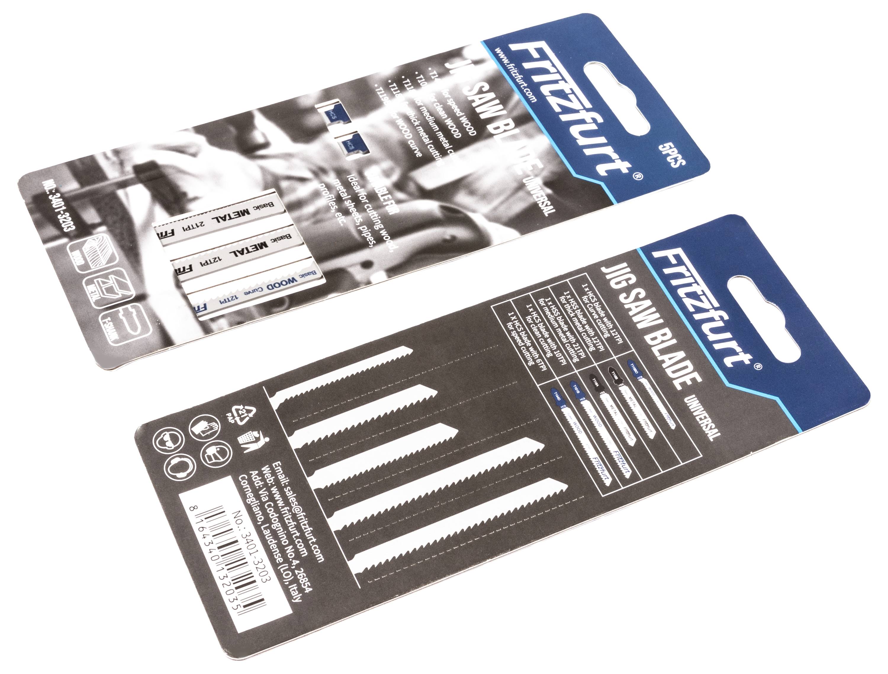 Verpackung der 'Fitzfurt' Stichsägeblätter mit verschiedenen Sägeblatttypen zum Holz- und Metallschneiden.