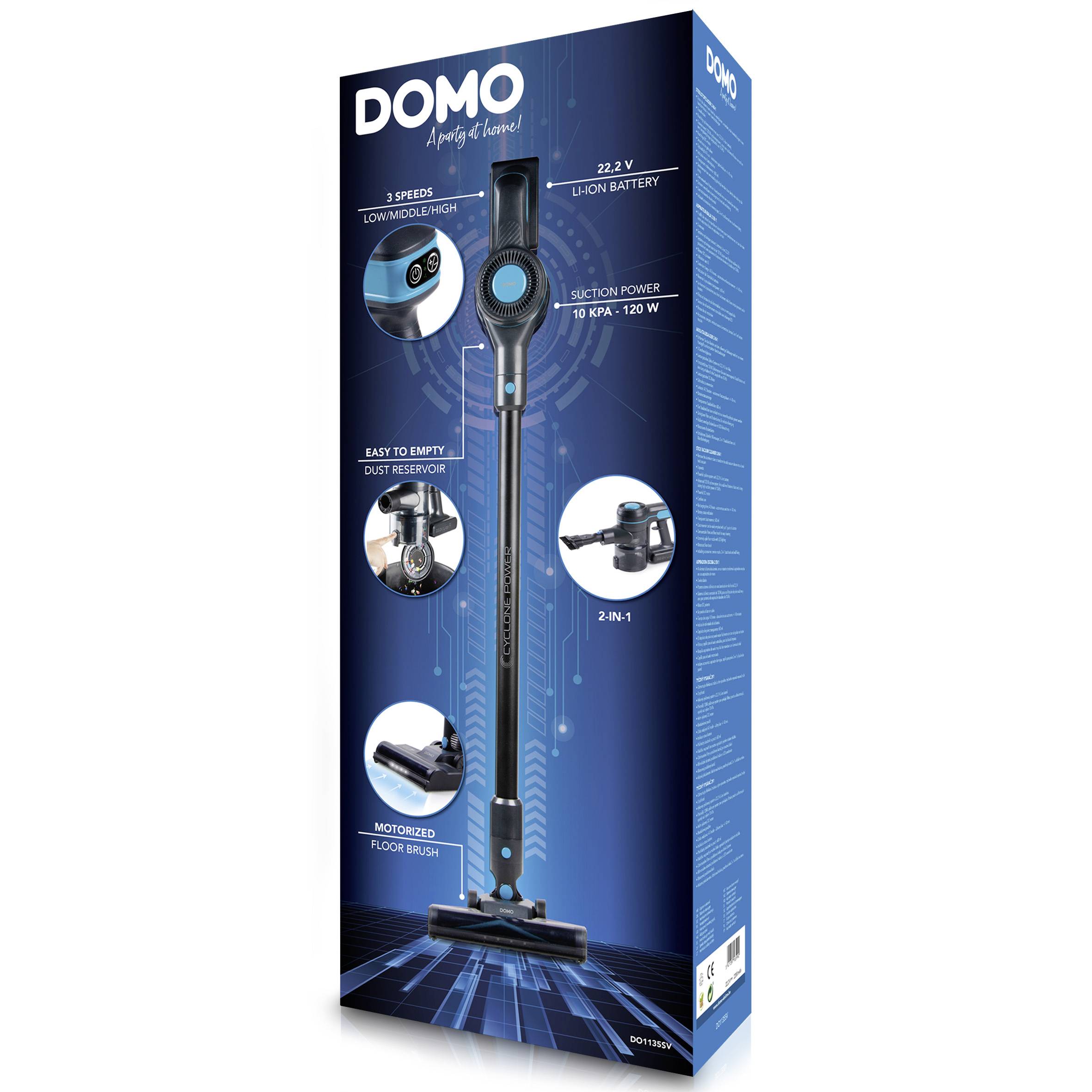Kabelloser Staubsauger auf Verpackung abgebildet. Merkmale: 3 Geschwindigkeiten, 22,2 V Lithium-Batterie, 2-in-1 Funktion.