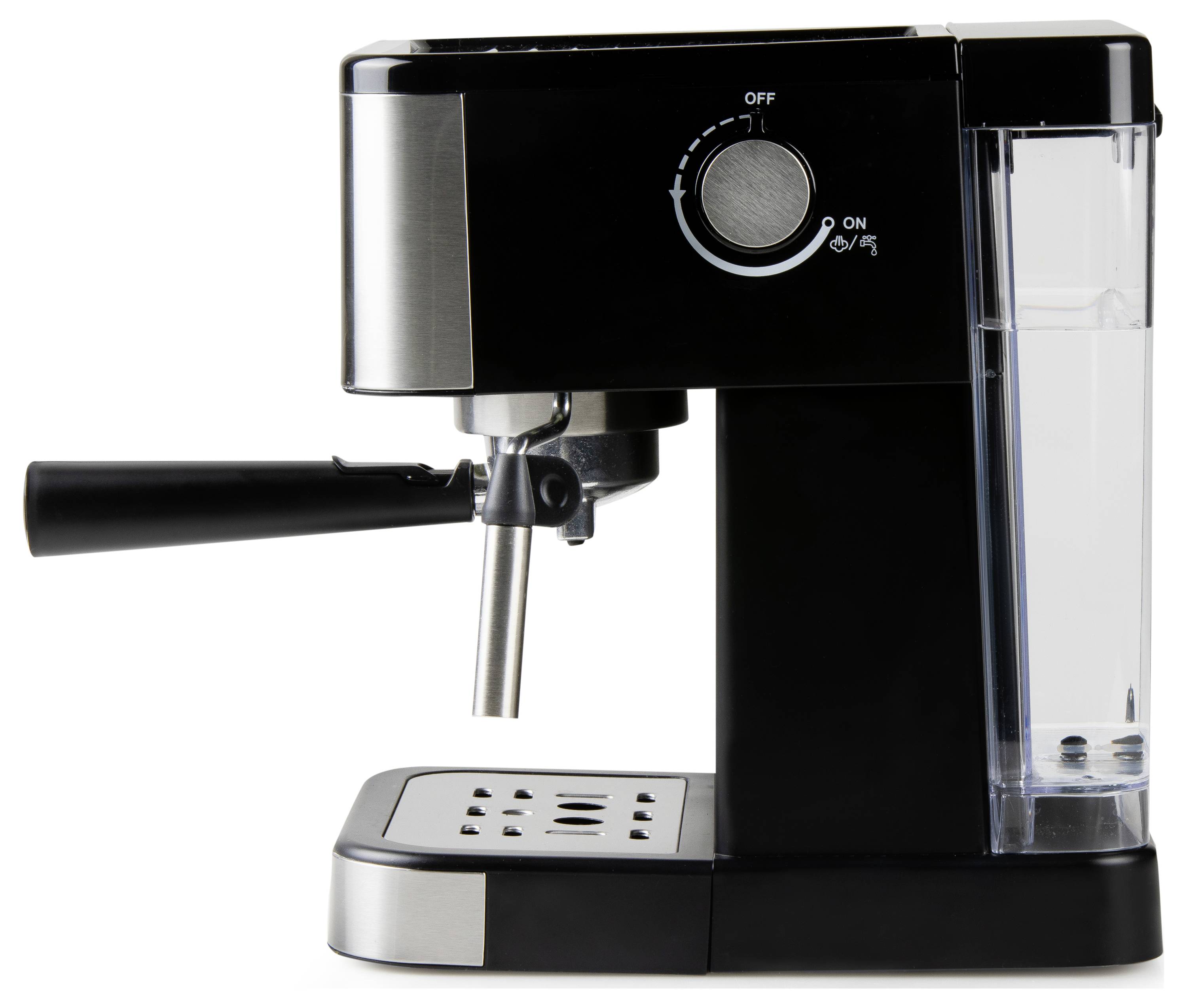 Espressomaschine in Schwarz mit Dampfdüse und Wassertank, Drehknopf zeigt 'On' und 'Off'.