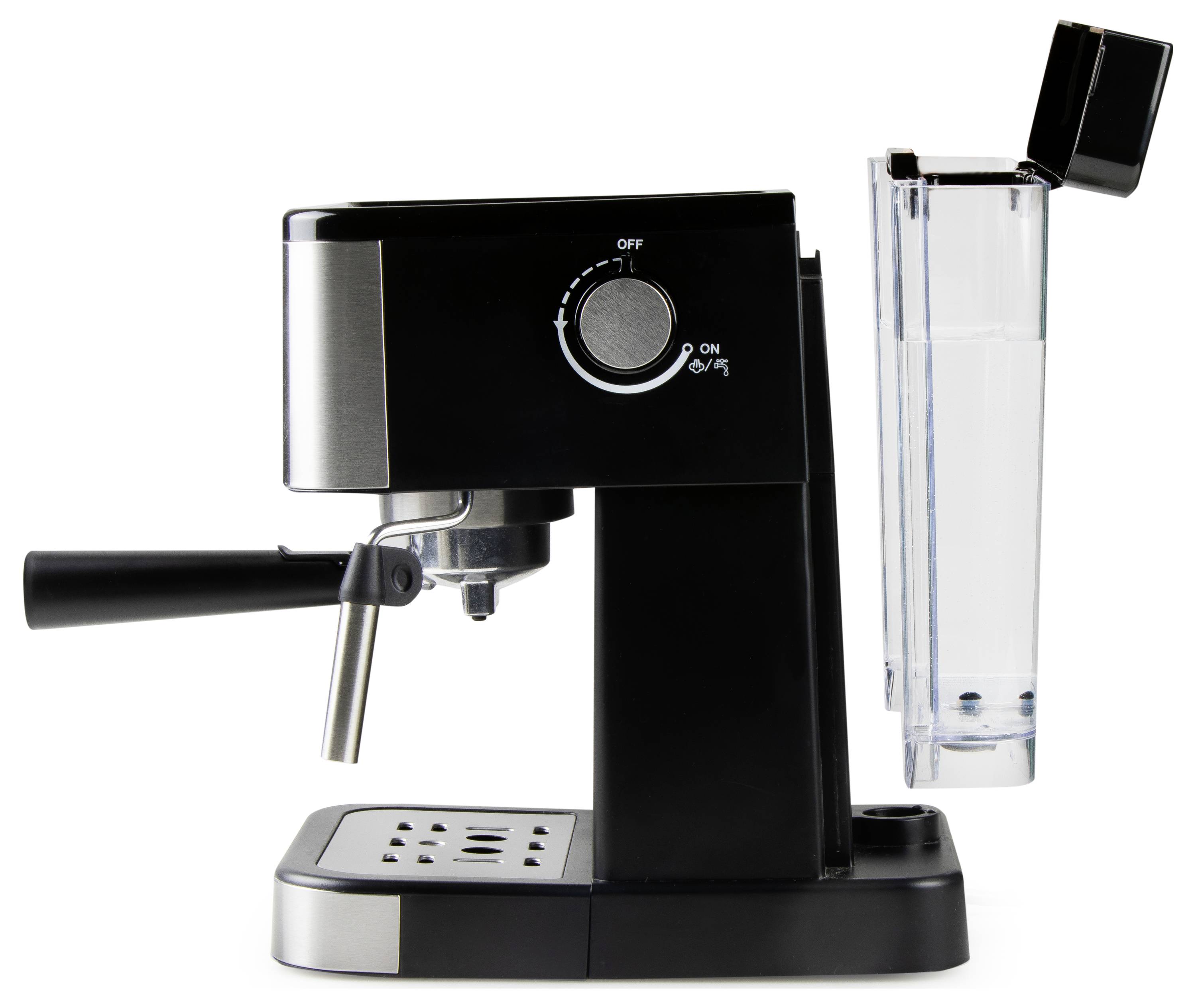 Espressomaschine in schwarz mit silbernen Akzenten, Seitenansicht. Ein Wasserbehälter hinten rechts, Drehregler oben, Dampfrohr links.