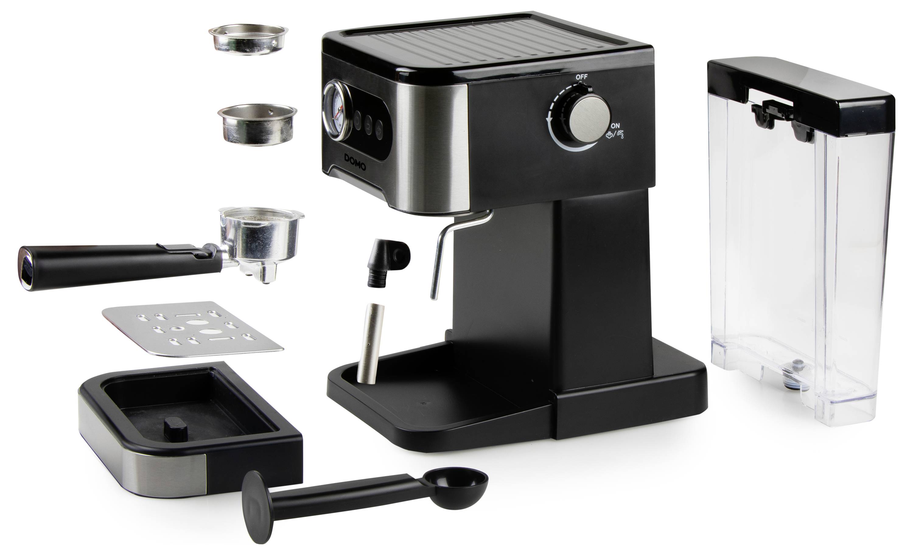 Kaffeemaschine mit entnommenen Teilen: Siebträger, Tamper, Wassertank und Zubehör. Bereit zur Reinigung oder Montage.