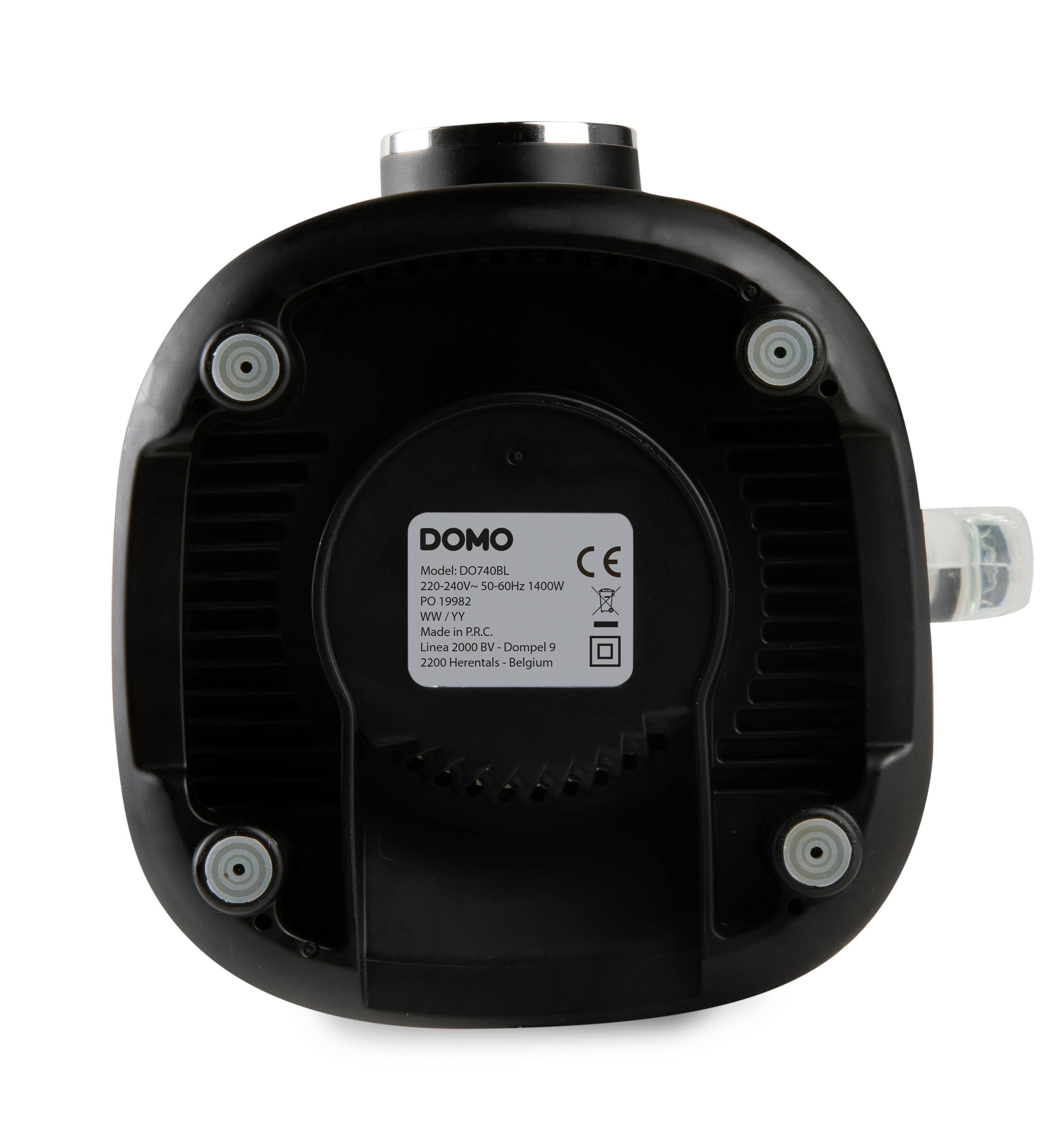 Unterseite eines elektrischen Haushaltsgeräts mit Beschriftung: 'DOMO, Modell DO 814 BL, 220-240V, 50-60Hz, 1400W, Made in PRC'. Kunststoffgehäuse mit Schrauben.