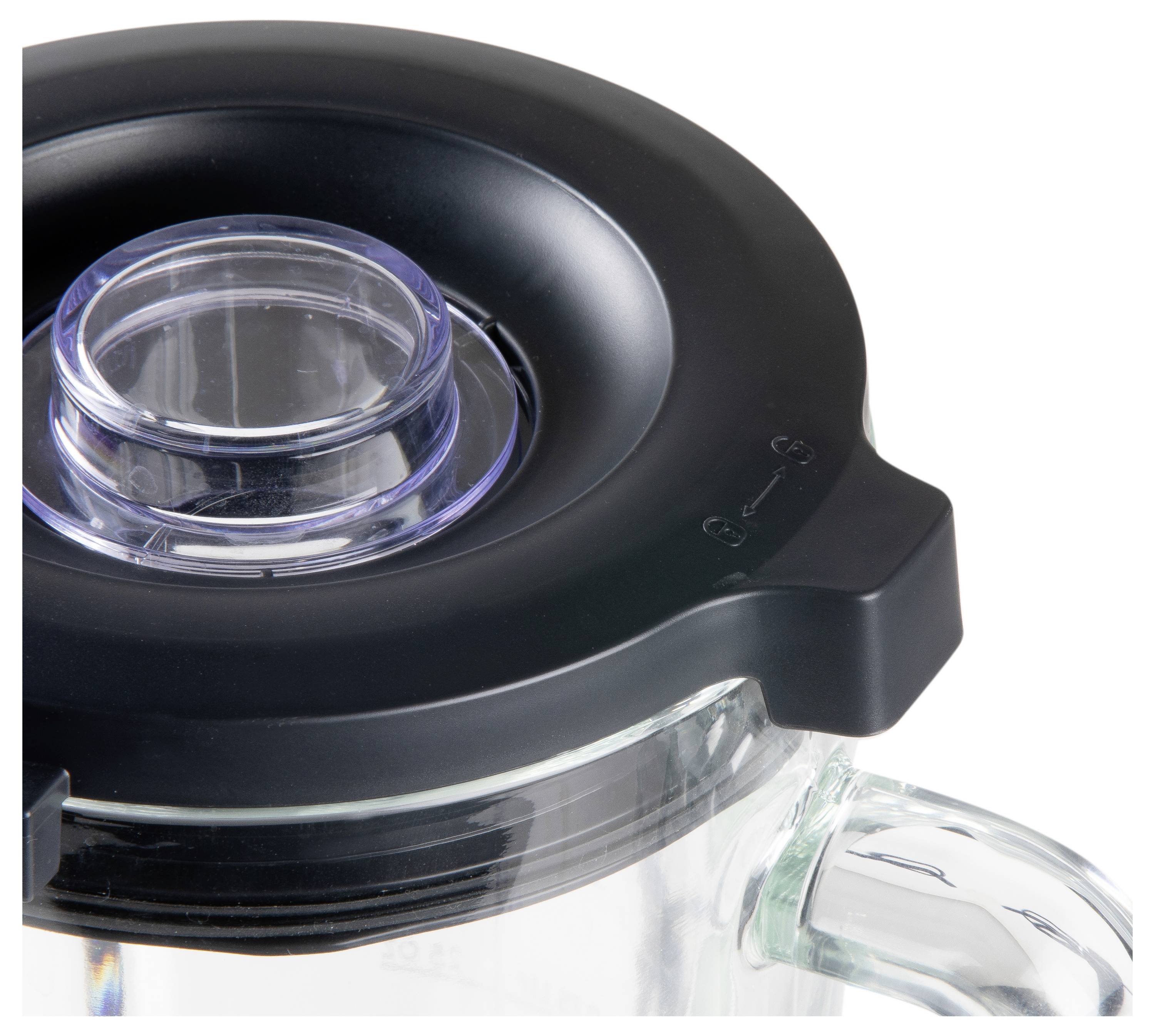 Glasbehälter mit schwarzem Deckel und transparentem, abnehmbaren Kunststoff-Einsatz in der Mitte, geeignet für Mixer.