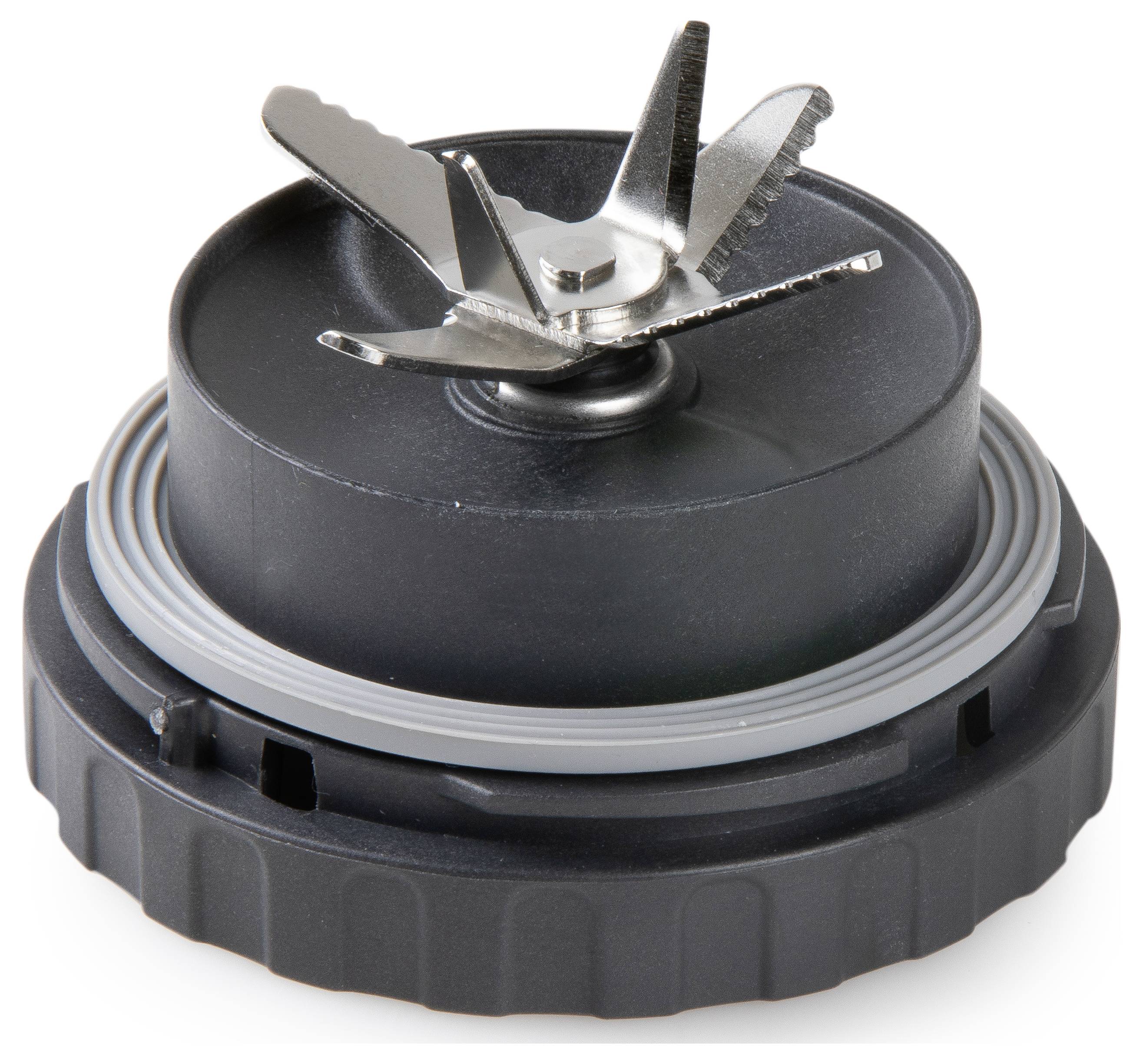 Schwarzer Mixeraufsatz mit Metallklingen in einer Kreuzanordnung, verwendet für das Zerkleinern oder Mixen von Lebensmitteln.