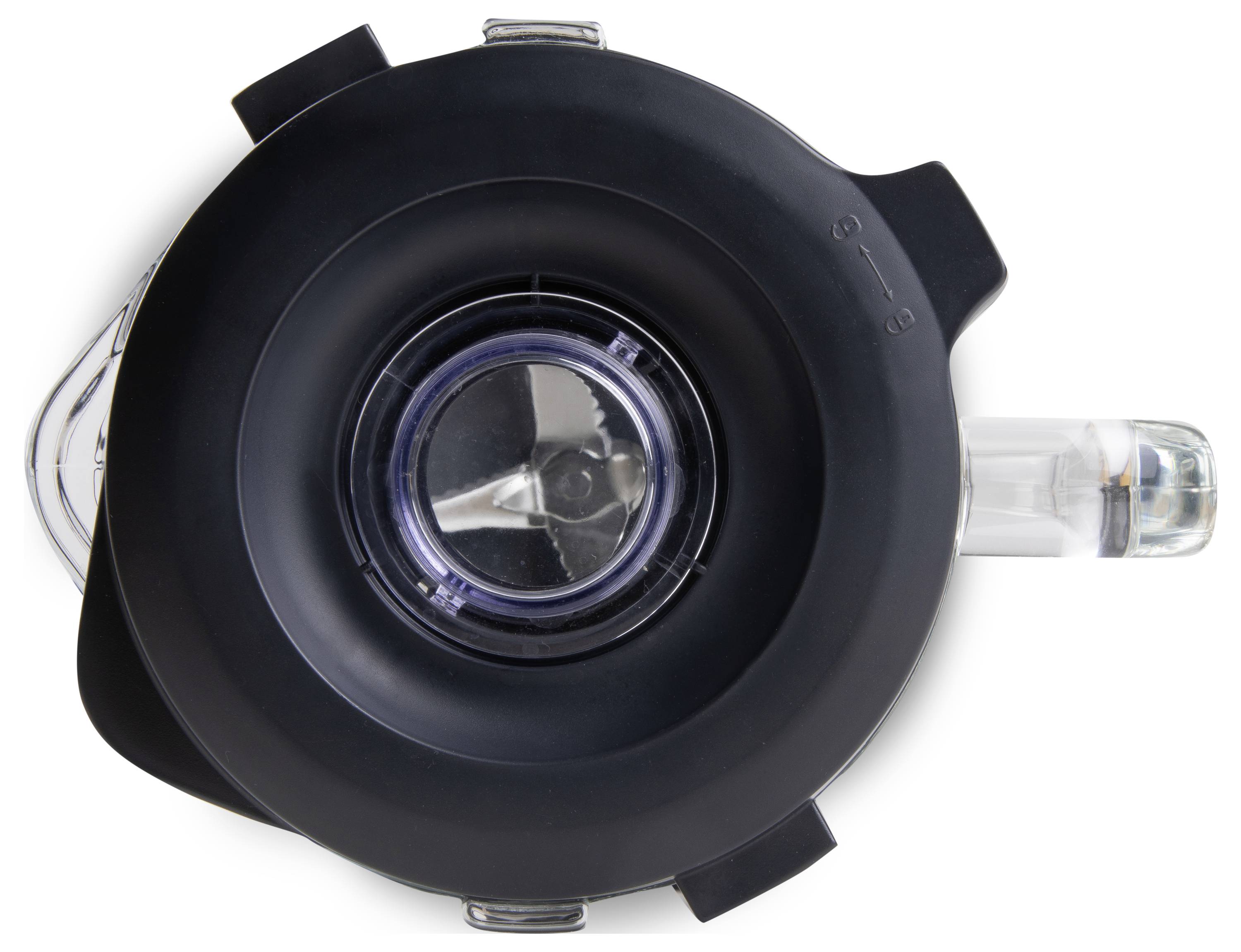 Eine schwarze Mixerabdeckung mit einer zentralen, durchsichtigen Öffnung und Griff. Draufsicht.