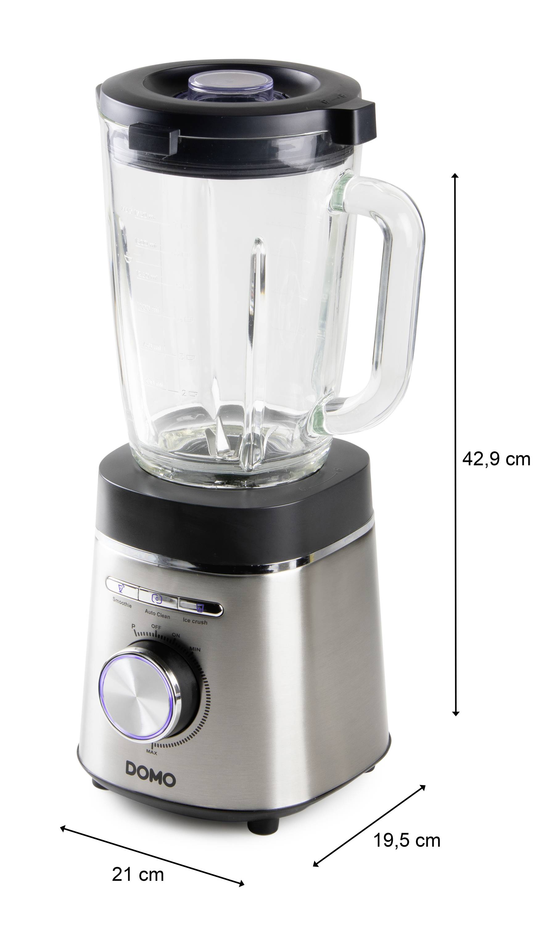 Ein elektrischer Standmixer aus Edelstahl mit Glasbehälter und Bedienelementen. Maße: 42,9 cm hoch, Basis 21 x 19,5 cm.