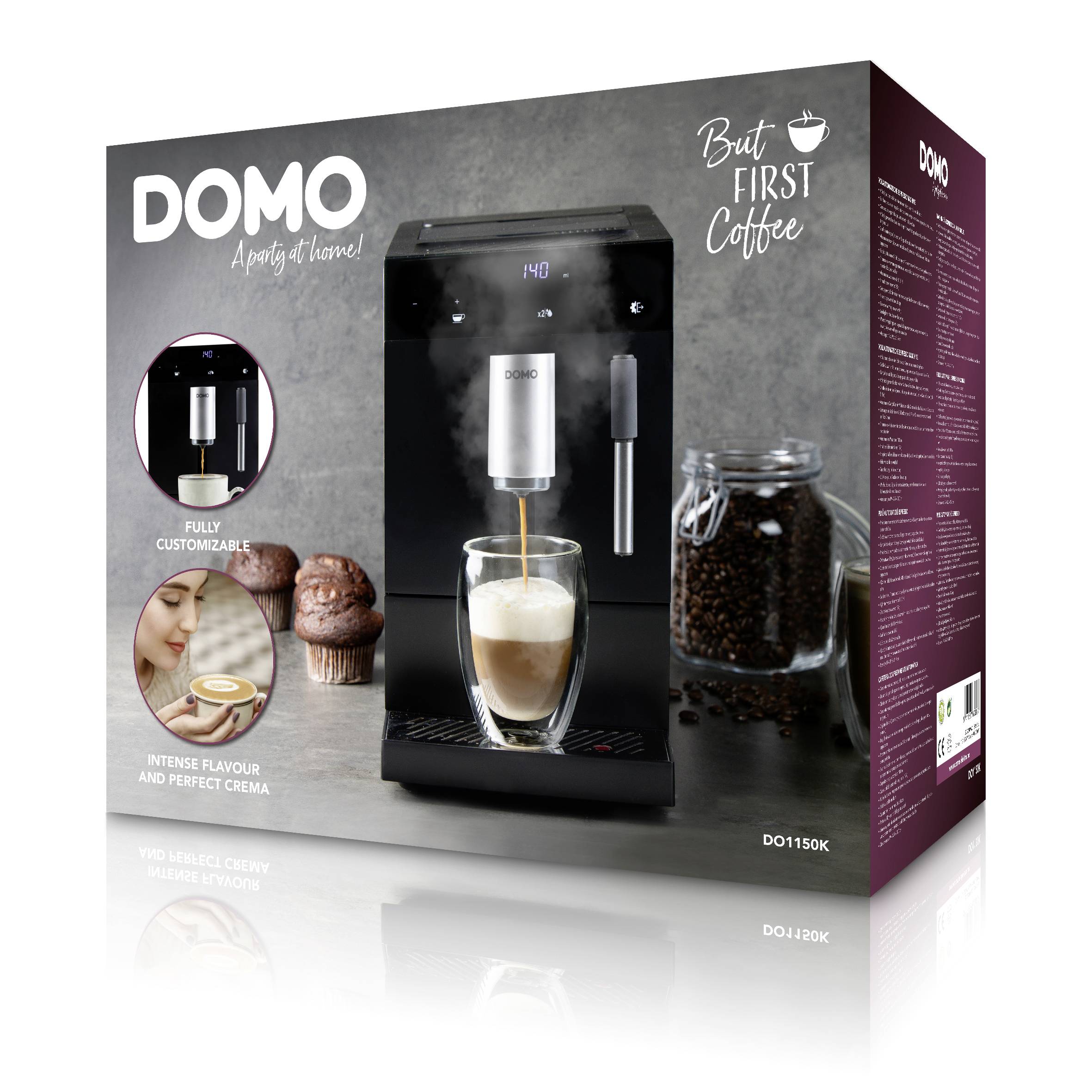 'DOMO' Kaffeemaschine auf Verpackung gezeigt, mit einer Tasse Cappuccino. Schlagworte: 'Voll anpassbar', 'Intensiver Geschmack und perfekte Crema'.