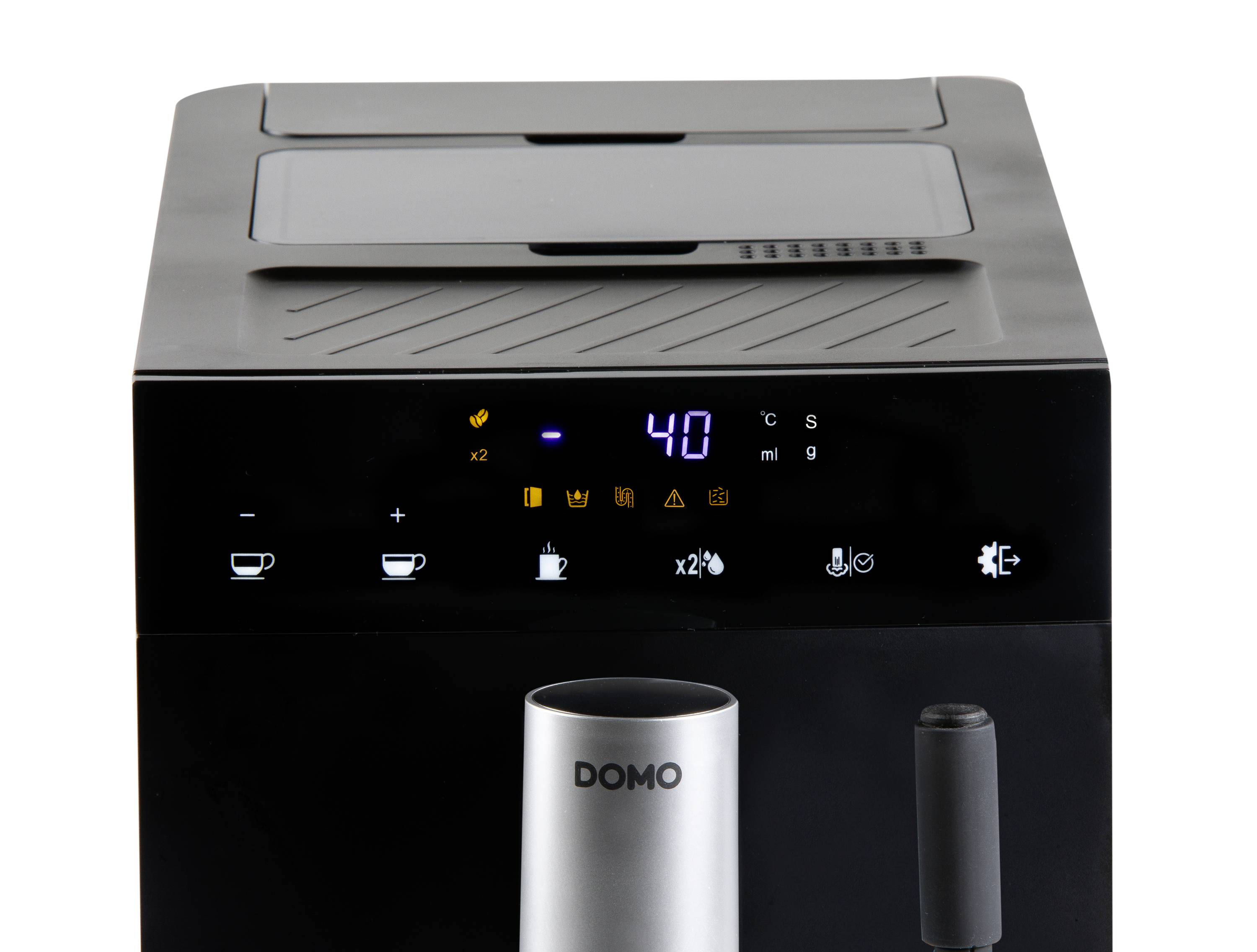 Schwarze Kaffeemaschine mit digitalem Display, das '40' anzeigt. Symbole für Tassenanzahl und andere Funktionen sind sichtbar.