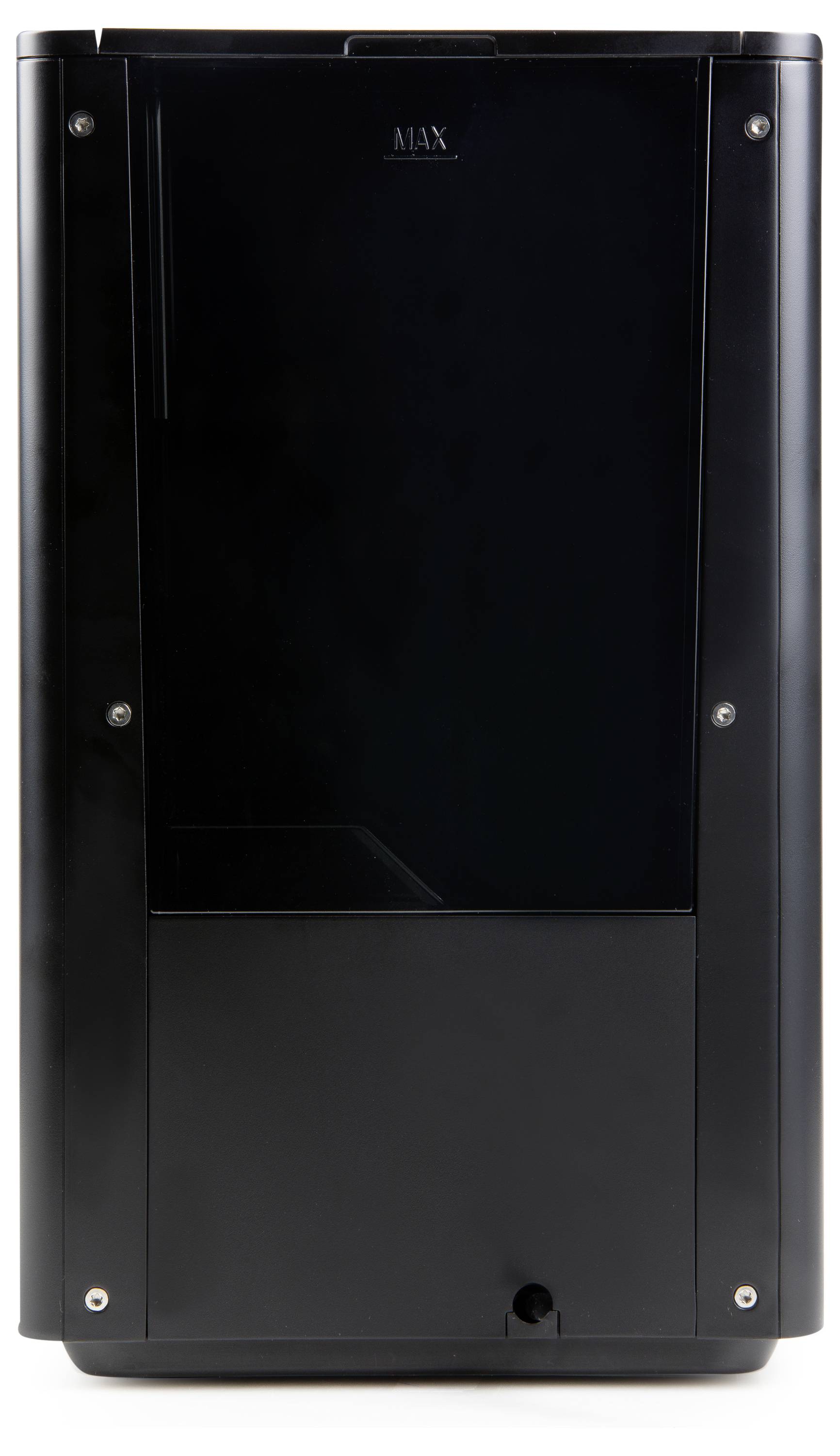 Ein schwarzer, rechteckiger elektronischer Gerätetower mit glatter Oberfläche und strukturierten Details.