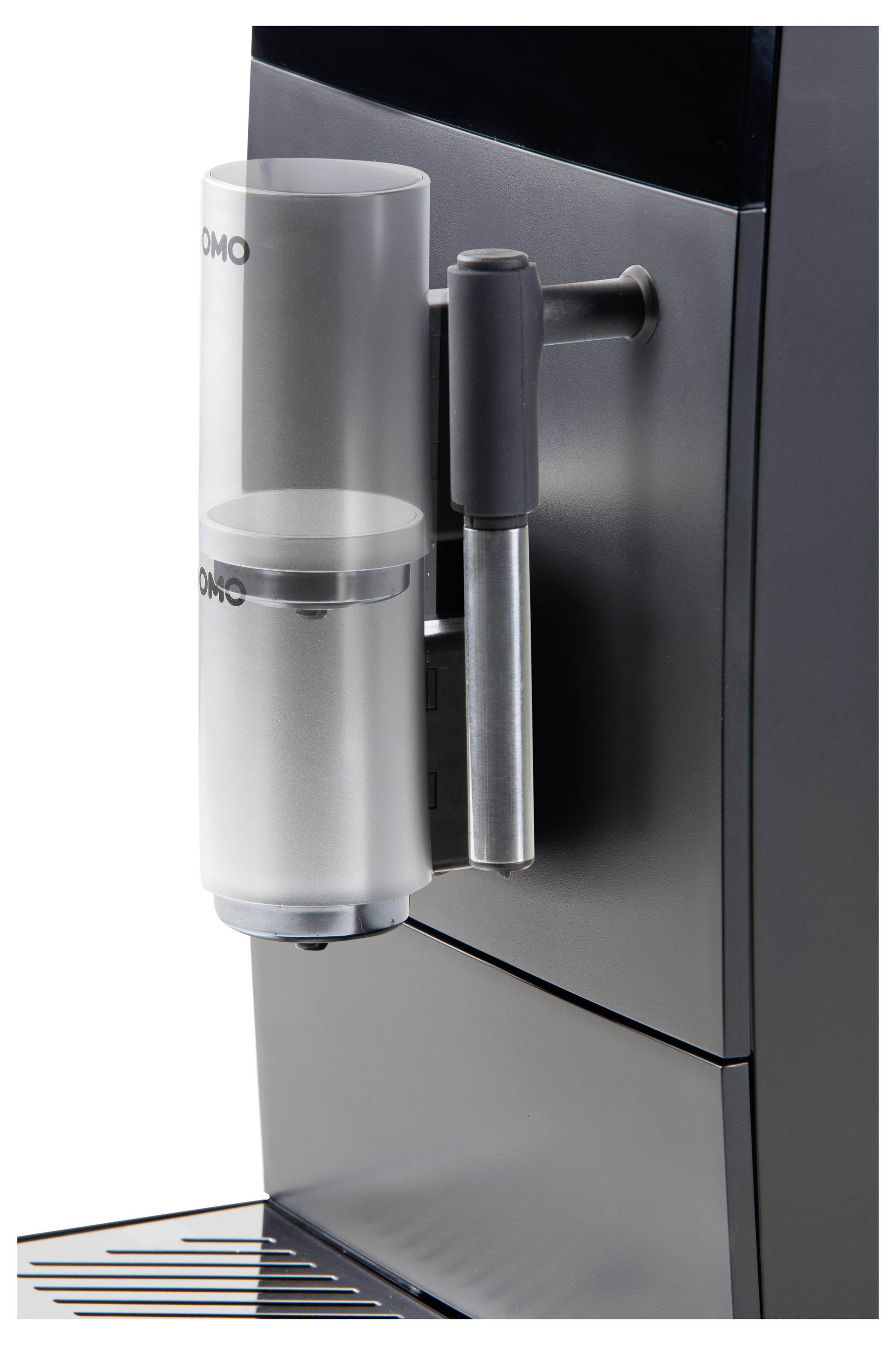 Eine moderne Kaffeemaschine mit einem transparenten Wassertank und Dampfdüse, geeignet für Cappuccino und Latte Macchiato.