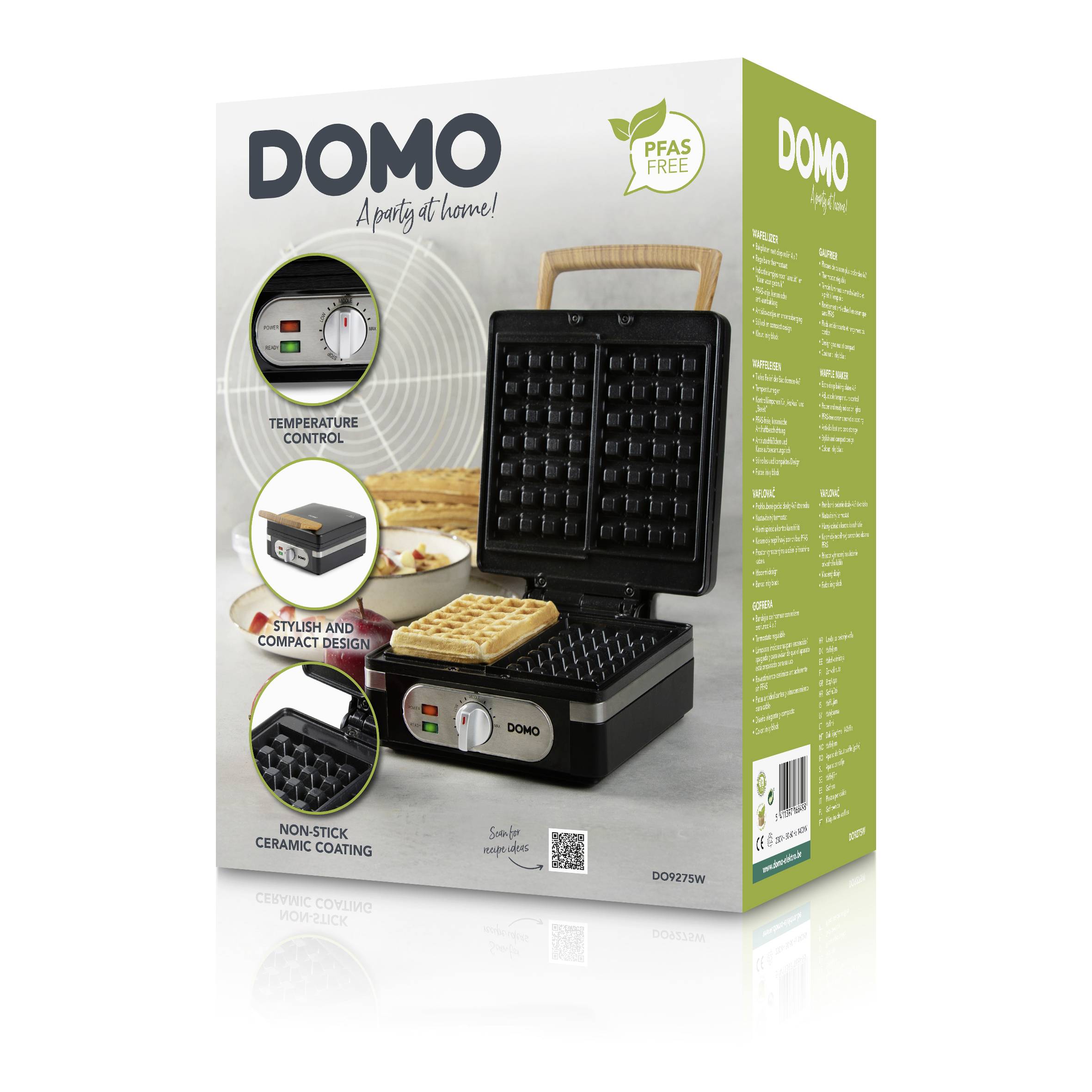 'DOMO A party at home!' Verpackung für ein Waffeleisen. Enthält Temperaturkontrolle, stilvolles Design, antihaftbeschichtete Keramik.