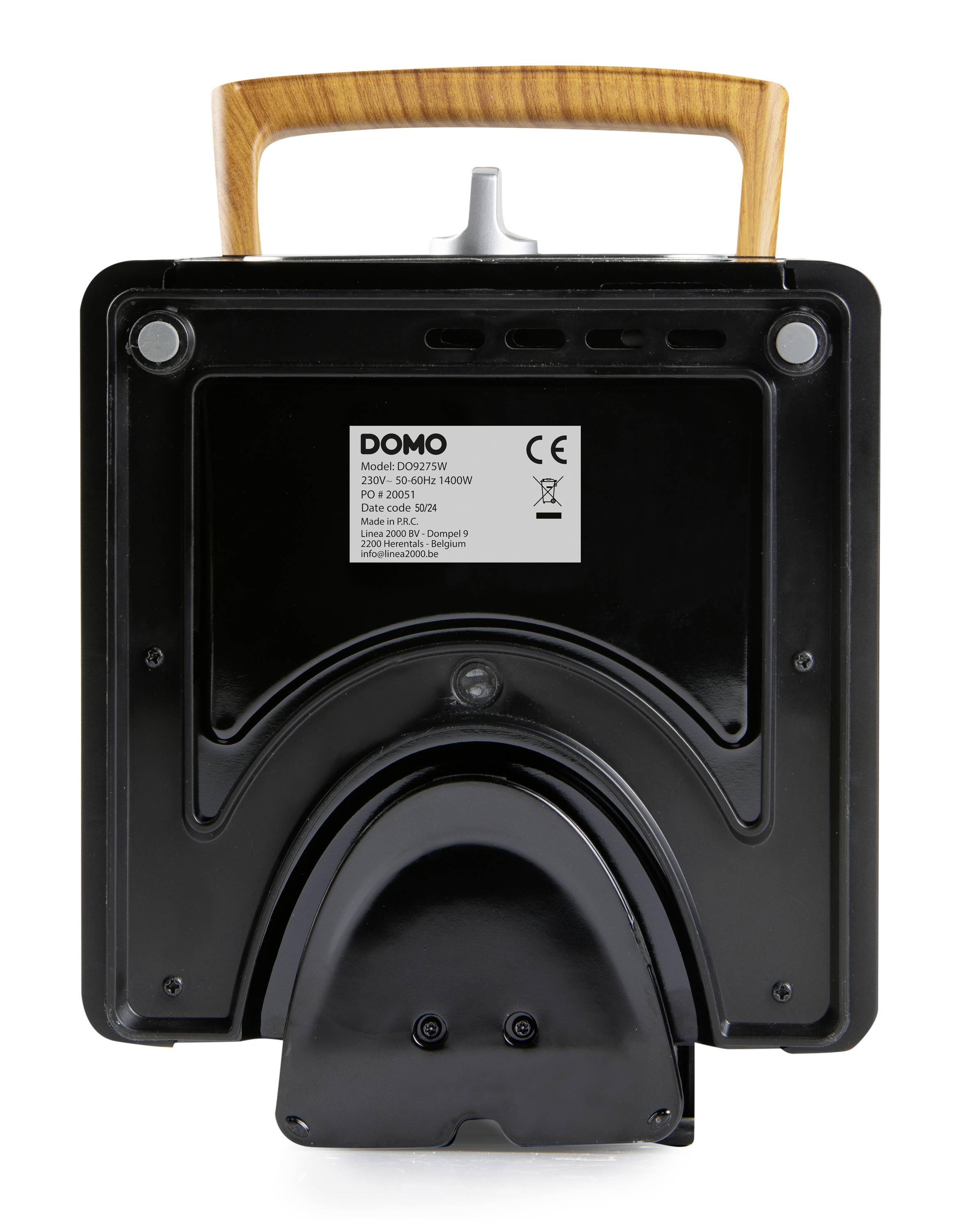 Elektrisches Haushaltsgerät mit Holzgriff und schwarzer Rückseite, mit Typenschild 'DOMO'. Geeignet für den Innenbereich, CE-zertifiziert.