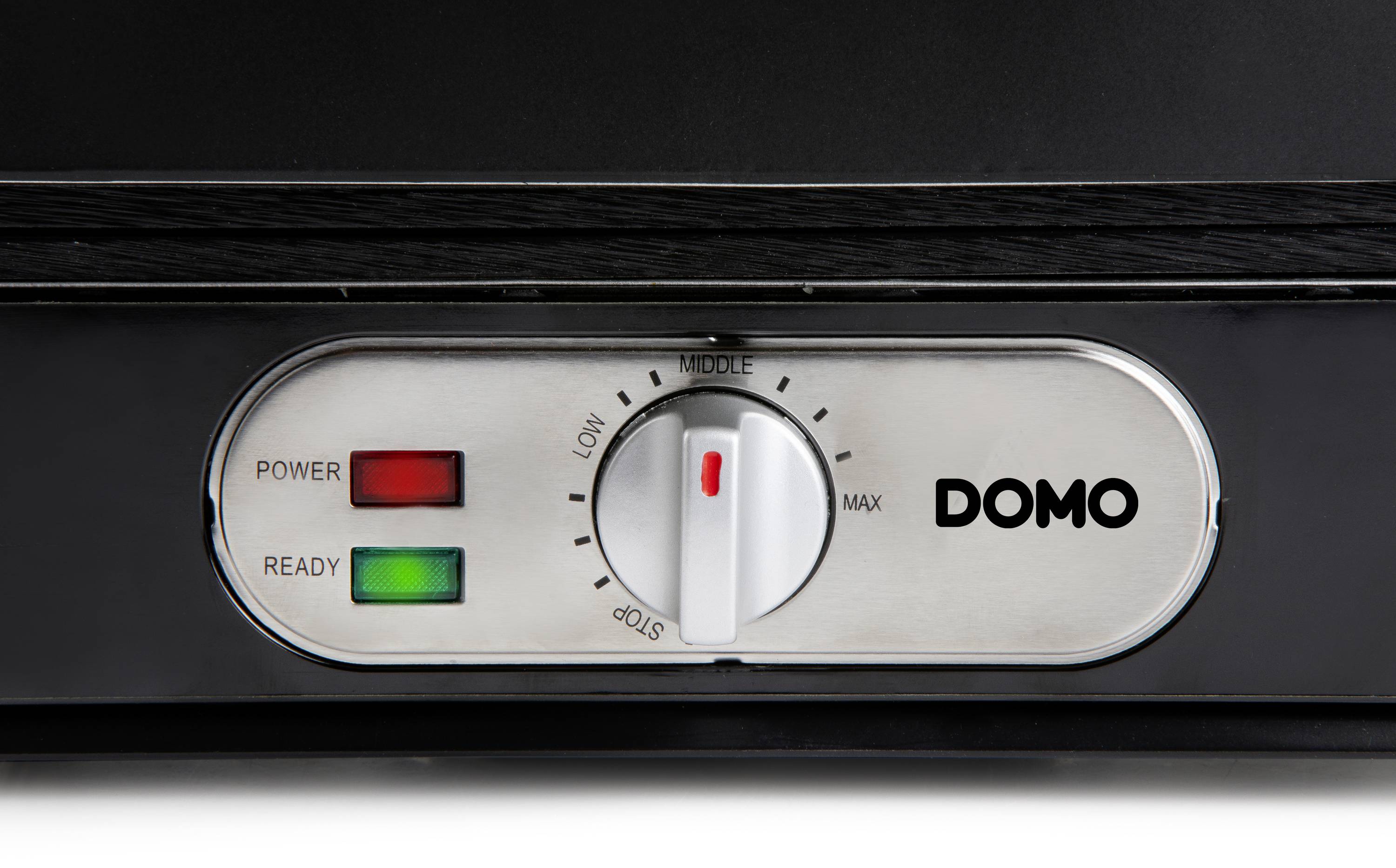 Ein Temperaturregler mit einem Drehknopf von 'STOP' bis 'MAX'. Zwei Lichter: 'Power' rot und 'Ready' grün. Markierung 'DOMO'.