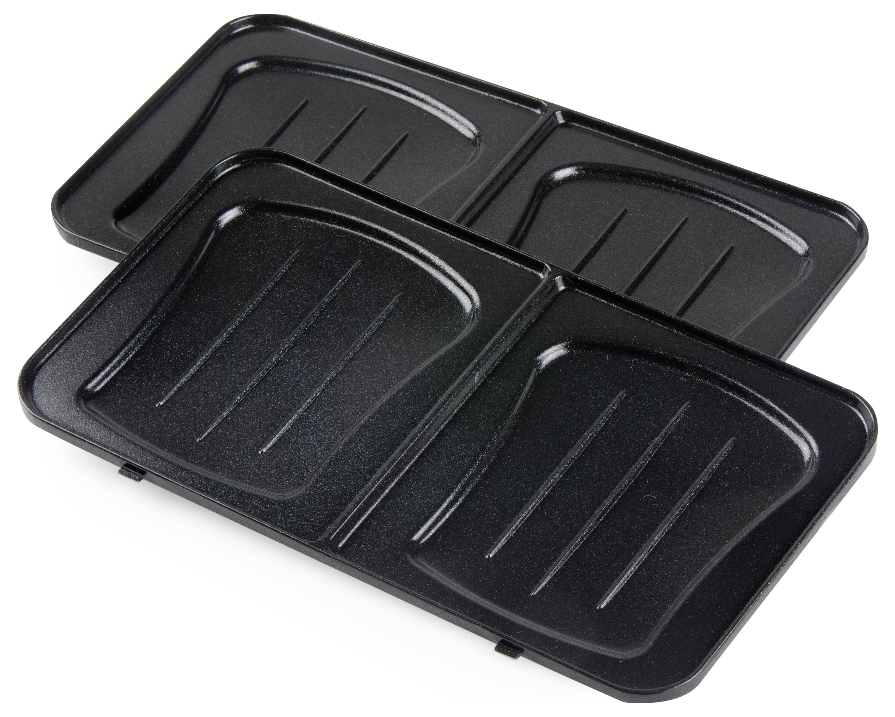 Zwei schwarze Grillplatten nebeneinander, mit Rillen zur Fettableitung, geeignet für Kontaktgrill.