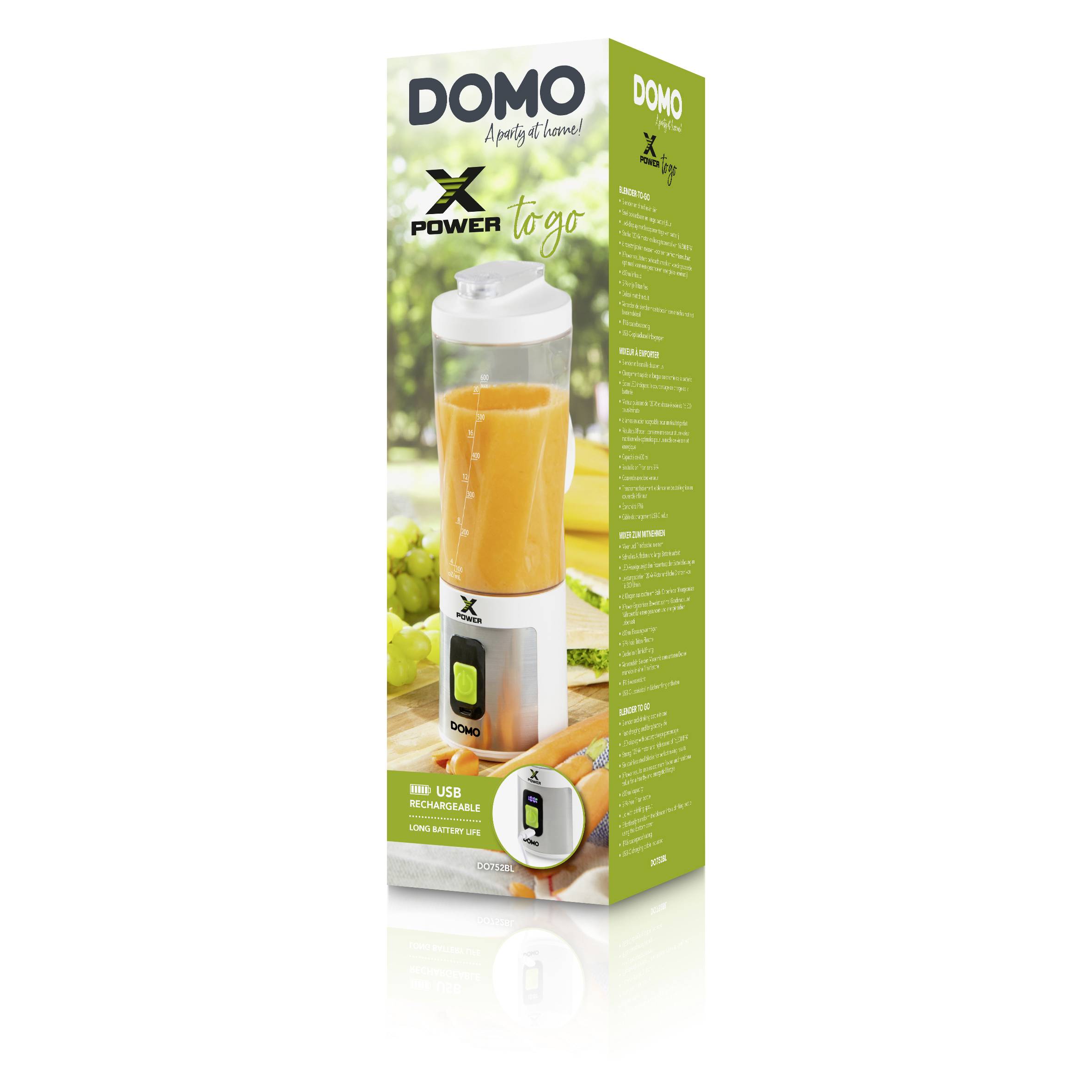 Verpackung eines tragbaren Mixers 'DOMO Xpower to go', mit einem Bild des Produkts und Textdetails zur Verwendung und technischen Spezifikationen.