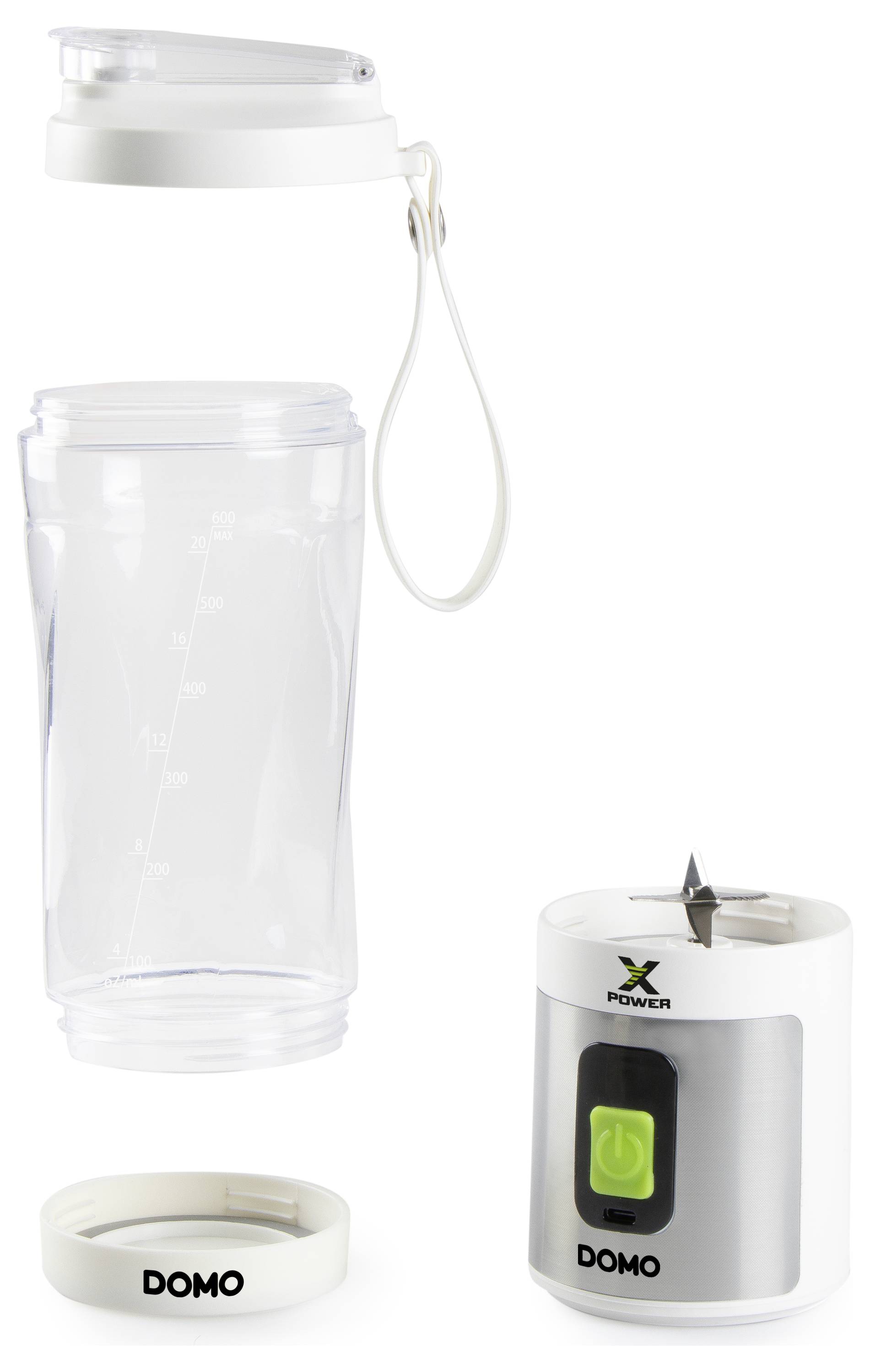 Ein zerlegbarer Mixer, bestehend aus Behälter mit Messskala, Deckel mit Griff, Messeraufsatz und Motorblock mit grünem Einschaltknopf.