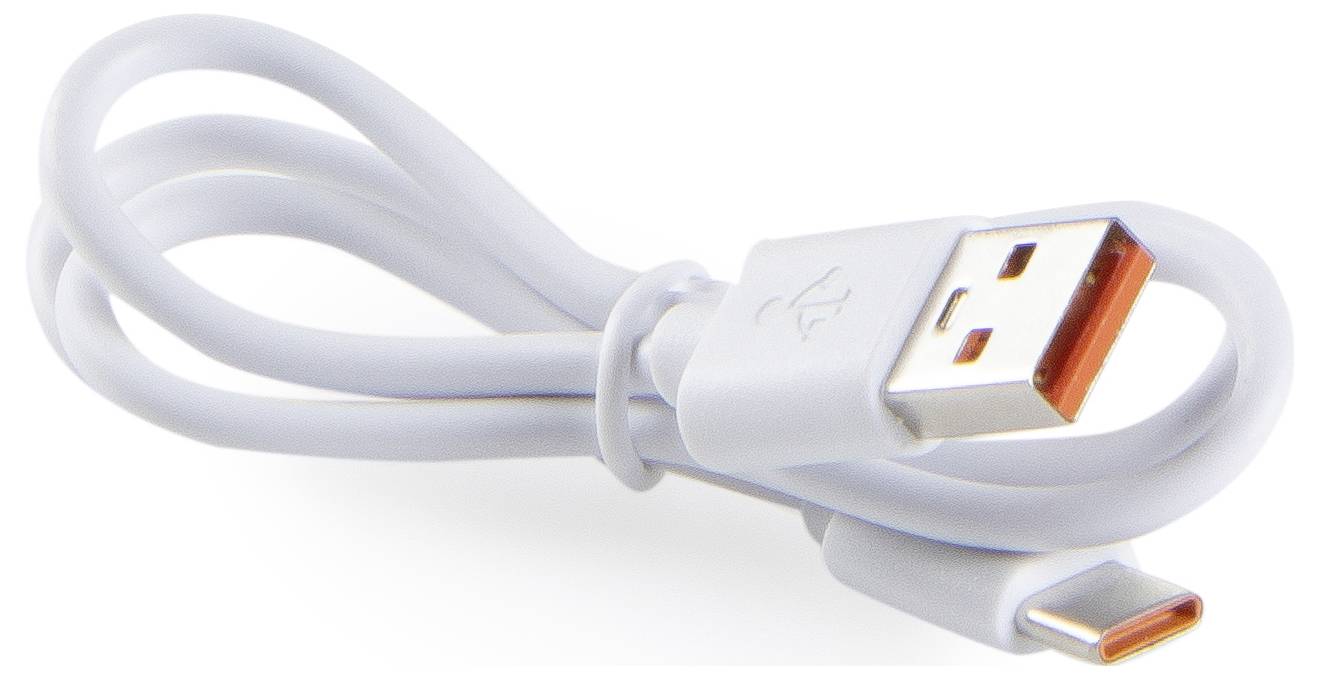 Ein weißes USB-Kabel mit einem USB-A-Stecker und einem USB-C-Stecker, aufgerollt und bereit zum Anschließen von Geräten.