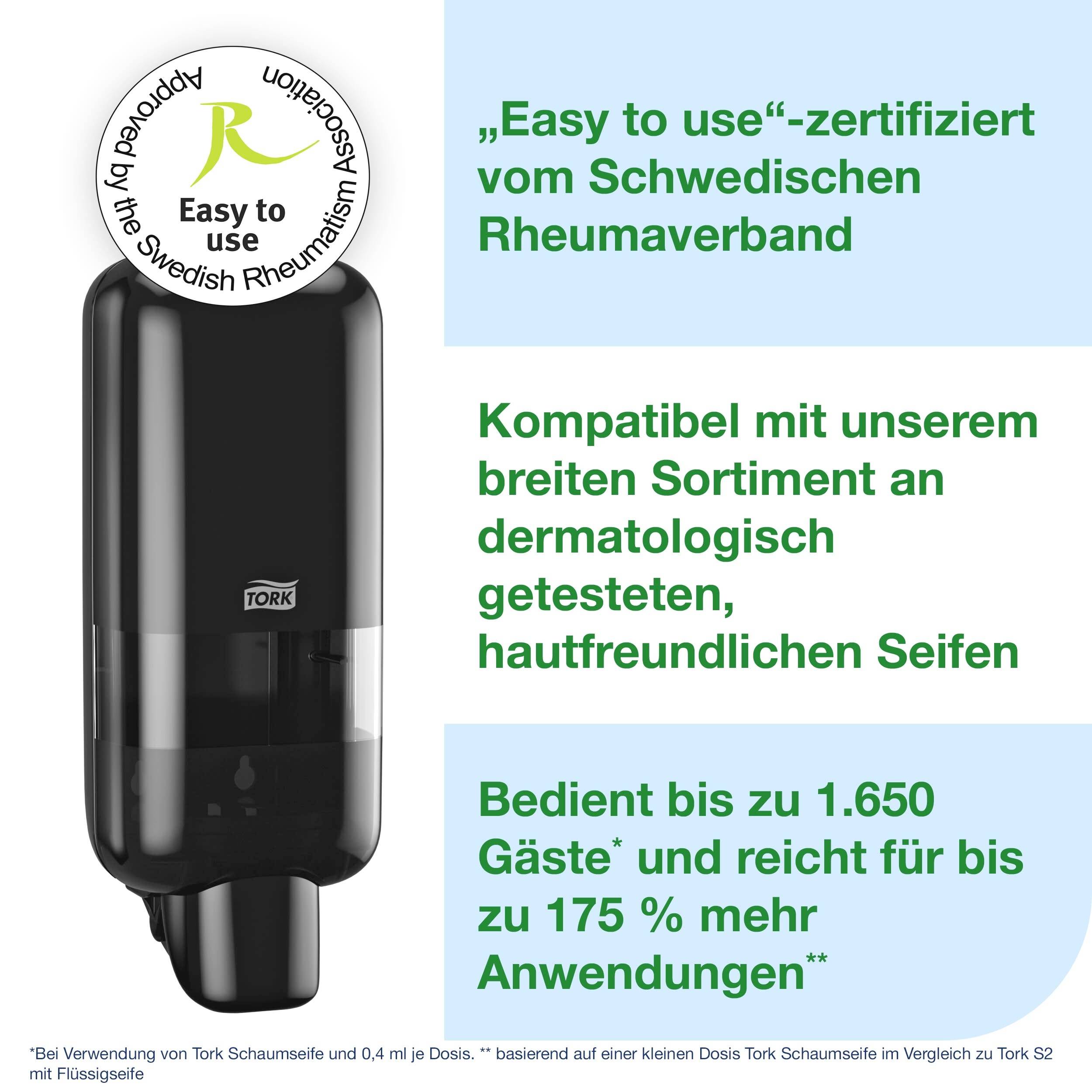 Seifenspender mit Zertifikat 'Easy to use' vom Schwedischen Rheumaverband, kompatibel mit zahlreichen hautfreundlichen Seifen.