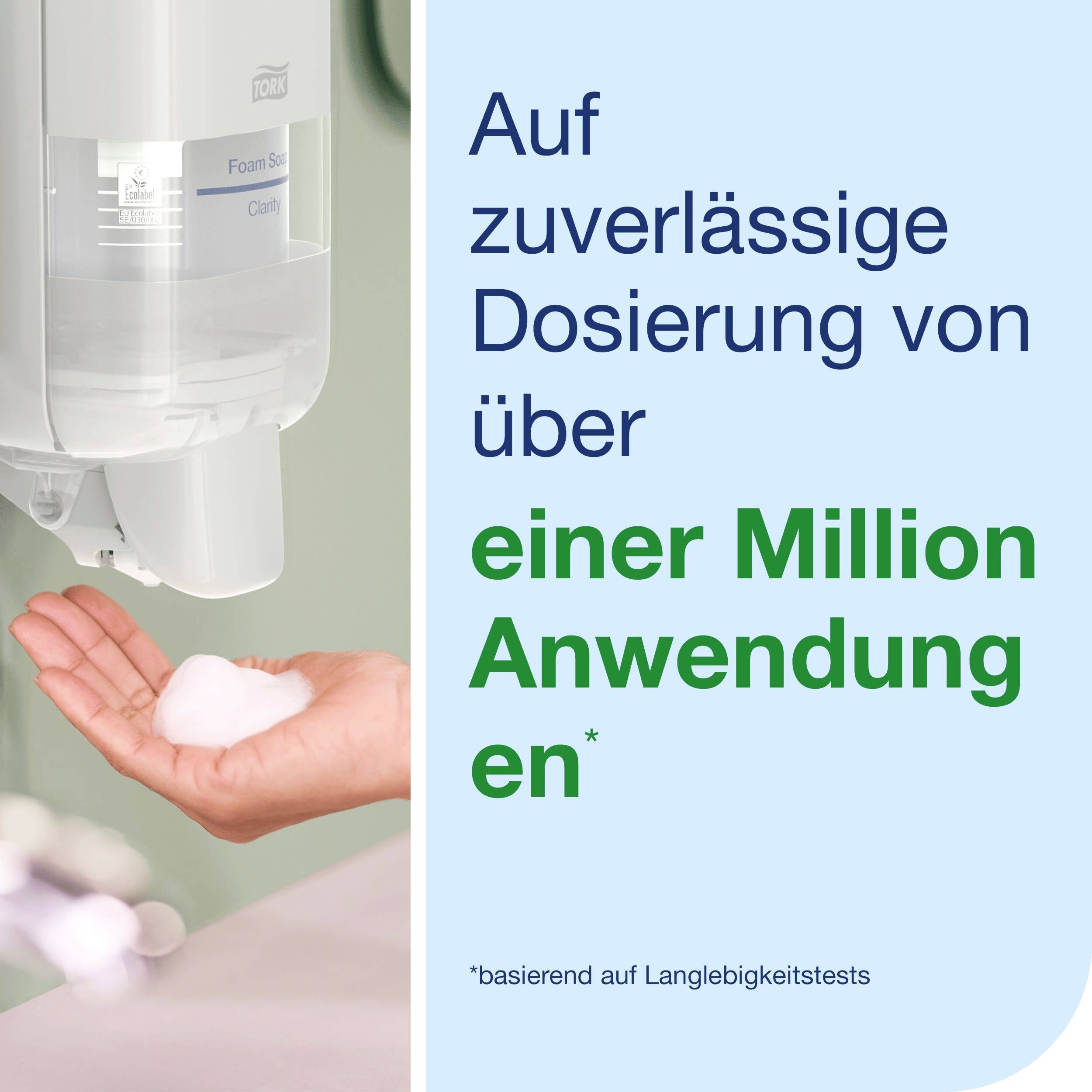 Eine Hand hält Seifenschaum unter einem Spender. Text: Auf zuverlässige Dosierung von über einer Million Anwendungen* basierend auf Langlebigkeitstests.