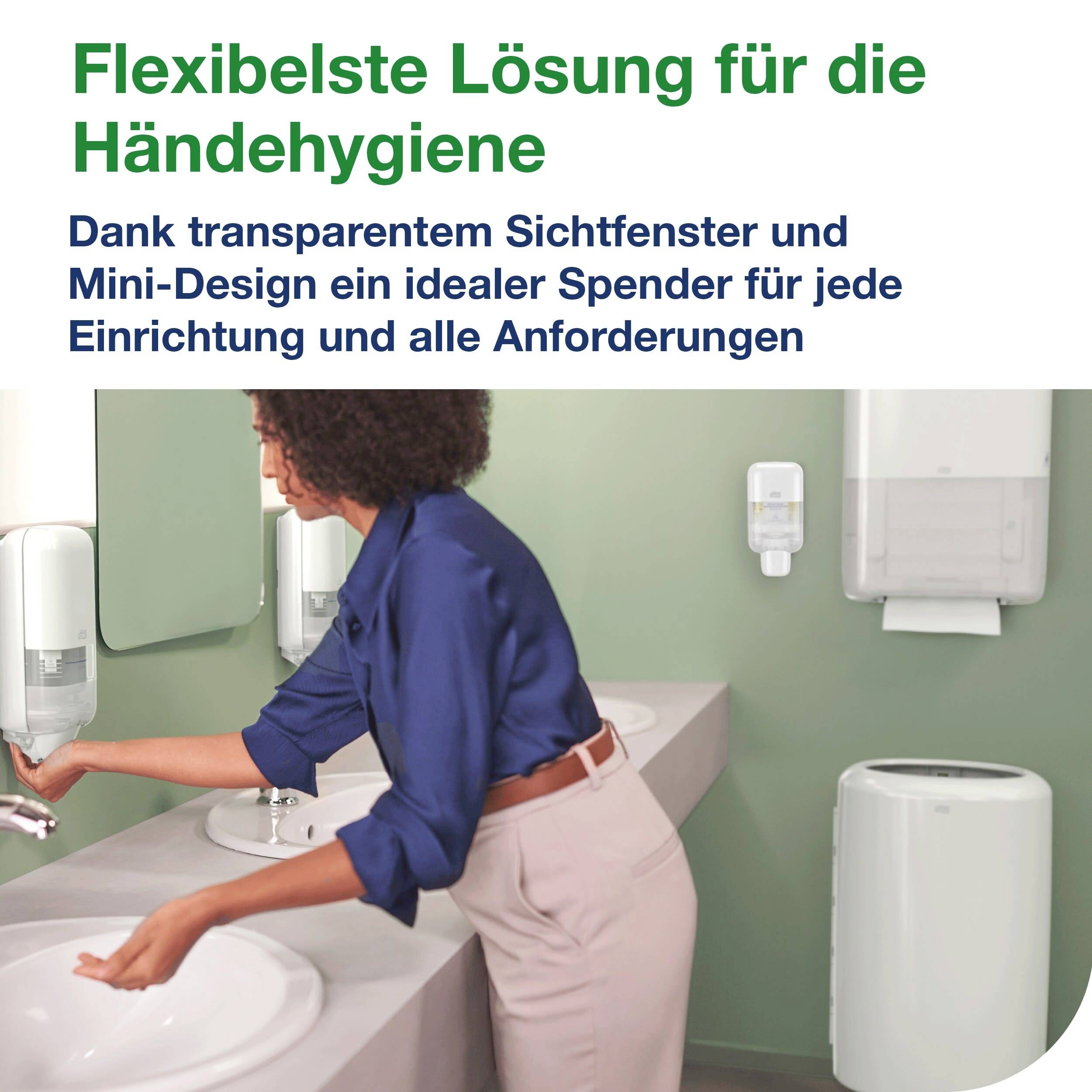 'Flexibelste Lösung für die Händehygiene. Dank transparentem Sichtfenster und Mini-Design ein idealer Spender für jede Einrichtung und alle Anforderungen.' Eine Person benutzt einen Seifenspender.