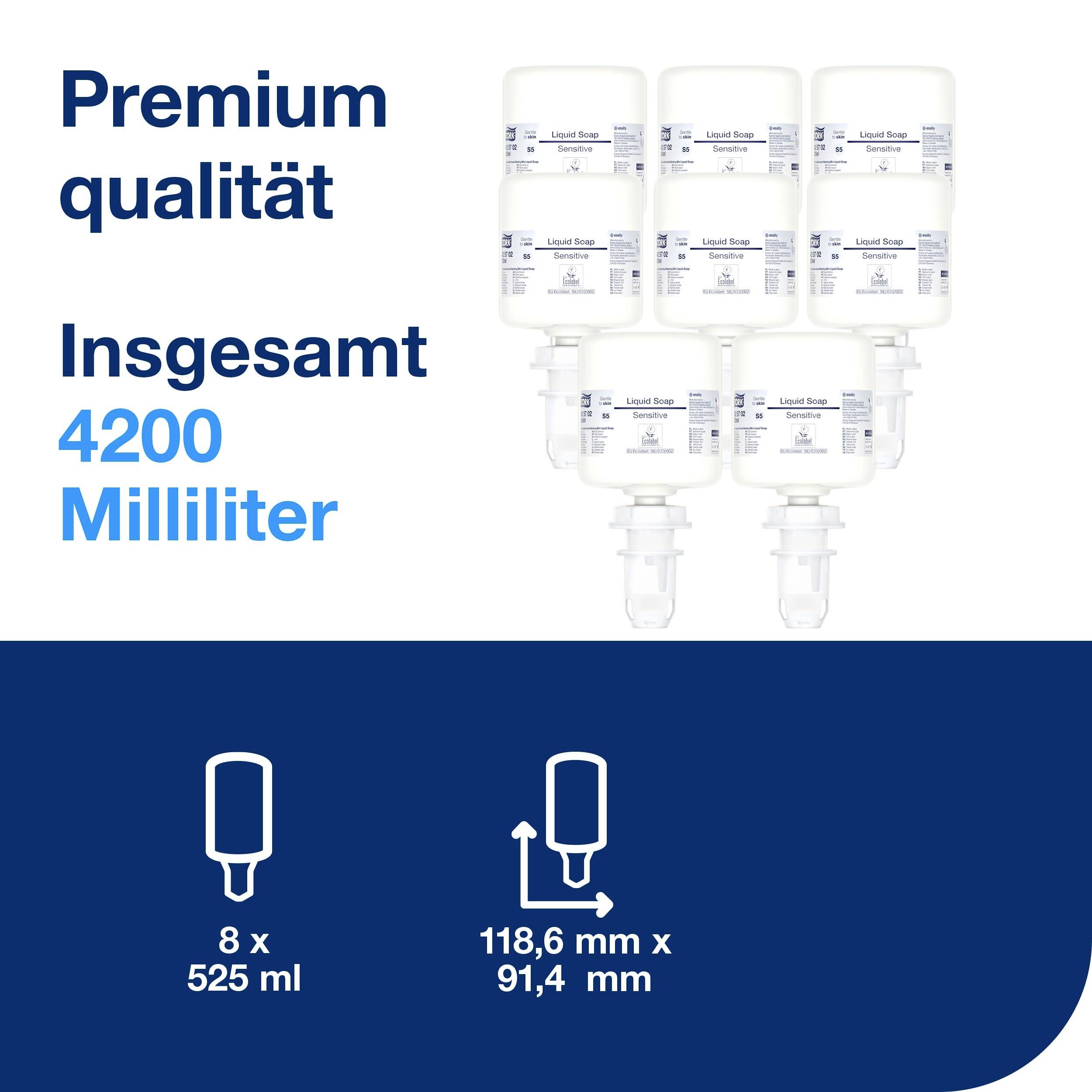 Acht Behälter mit Flüssigkeit, jeweils 525 ml, ergibt insgesamt 4200 ml. Premiumqualität angegeben. Maße eines Behälters: 118,6 mm x 91,4 mm.