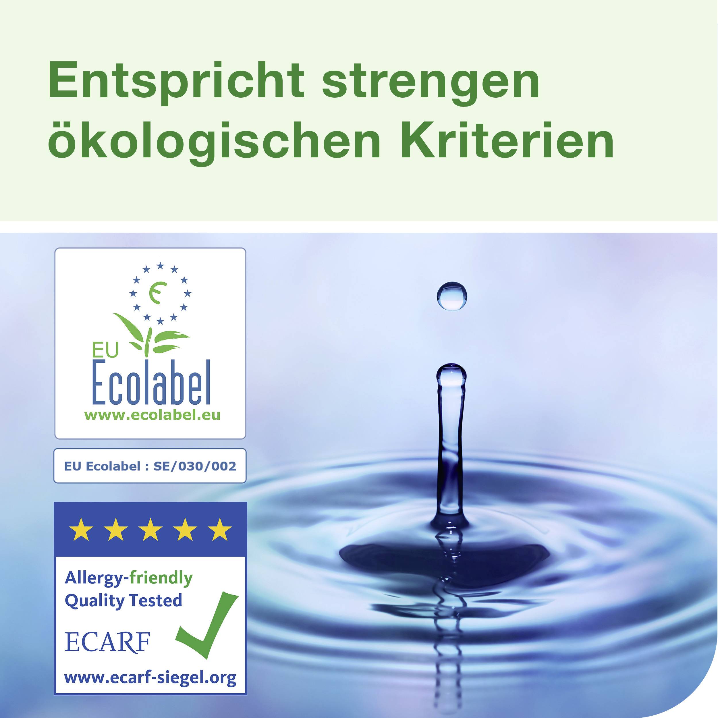 Siegelbild: EU Ecolabel, SE/030/002, bestätigt strenge ökologische Kriterien. Hinweis auf Allergiefreundlichkeit von ECARF.