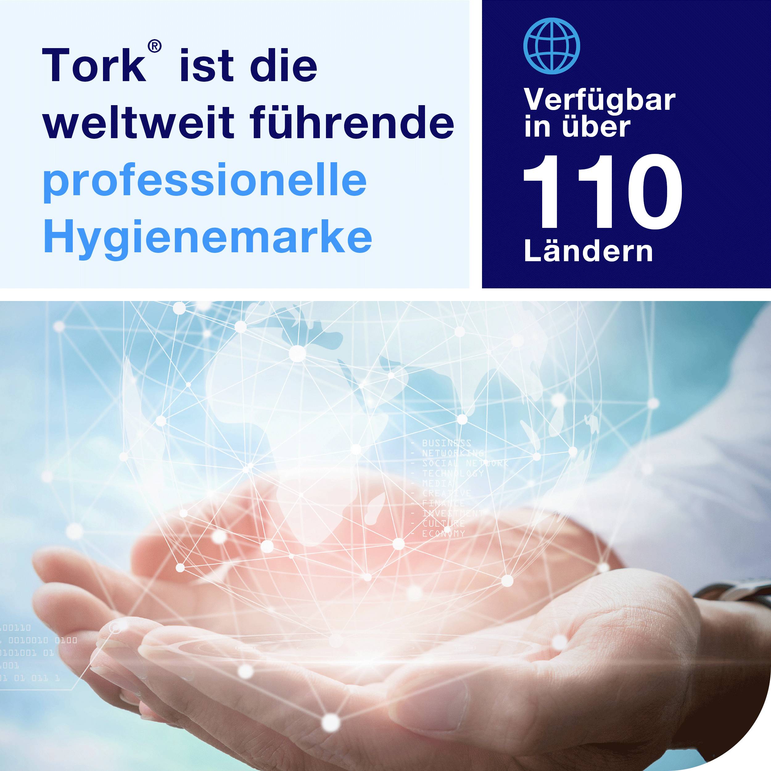 'Tork ist die weltweit führende professionelle Hygienemarke. Verfügbar in über 110 Ländern.' Hände halten leuchtendes digitales Netzwerk.