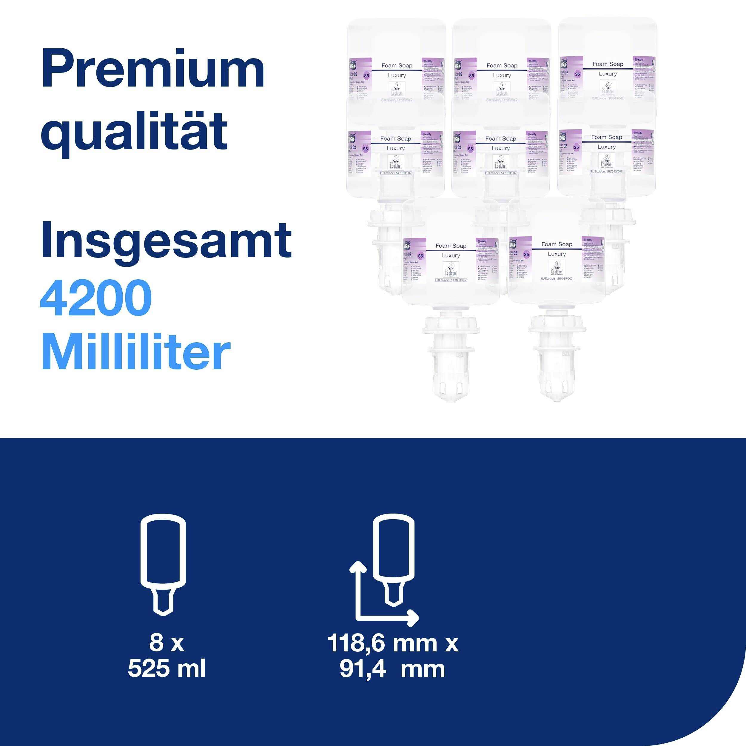 'Premium Qualität' Text mit 8 Flaschen à 525 ml in 2 Reihen angeordnet, insgesamt 4200 Milliliter. Flaschenabmessungen: 118,6 mm hoch, 91,4 mm breit.