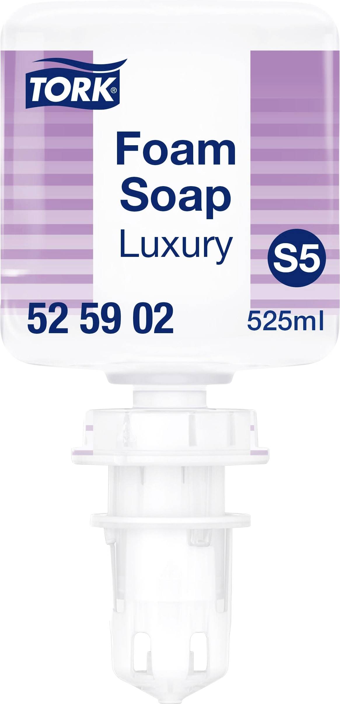 TORK Schaumseife Luxury in einem transparenten Spender mit lila Streifen, 525 ml. Produktcode: 52 59 02.