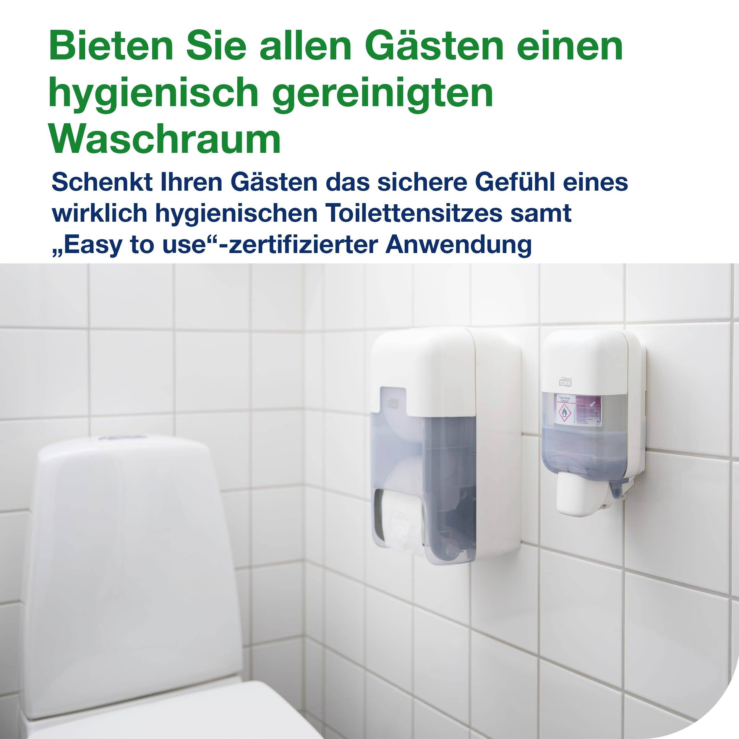 Zwei Wandspender für Toilettenpapier und Seife in einem hellen Waschraum. Text wirbt für hygienische Lösungen im Gäste-Waschraum.