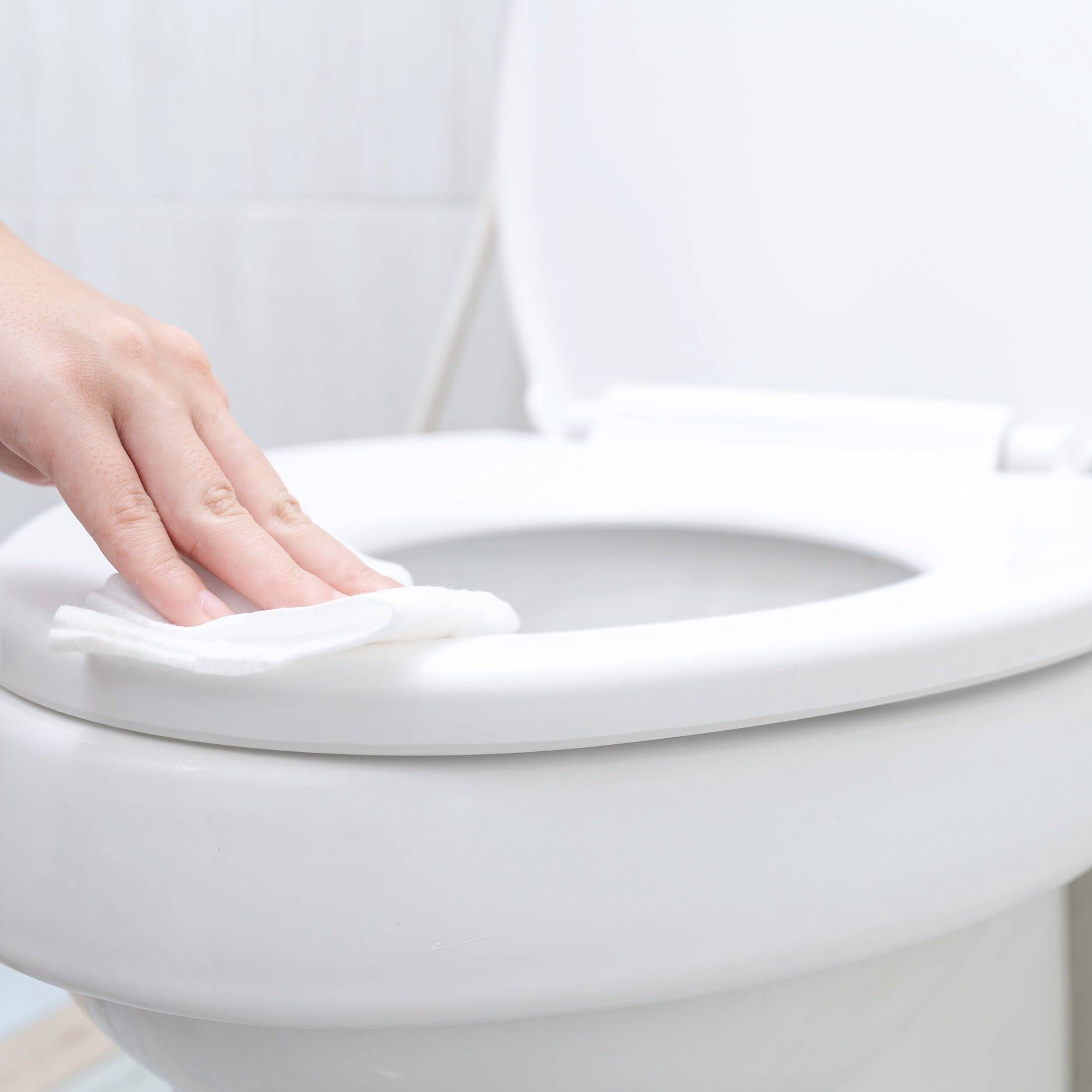 Eine Person reinigt mit einem weißen Tuch die Oberseite eines Toilettensitzes.