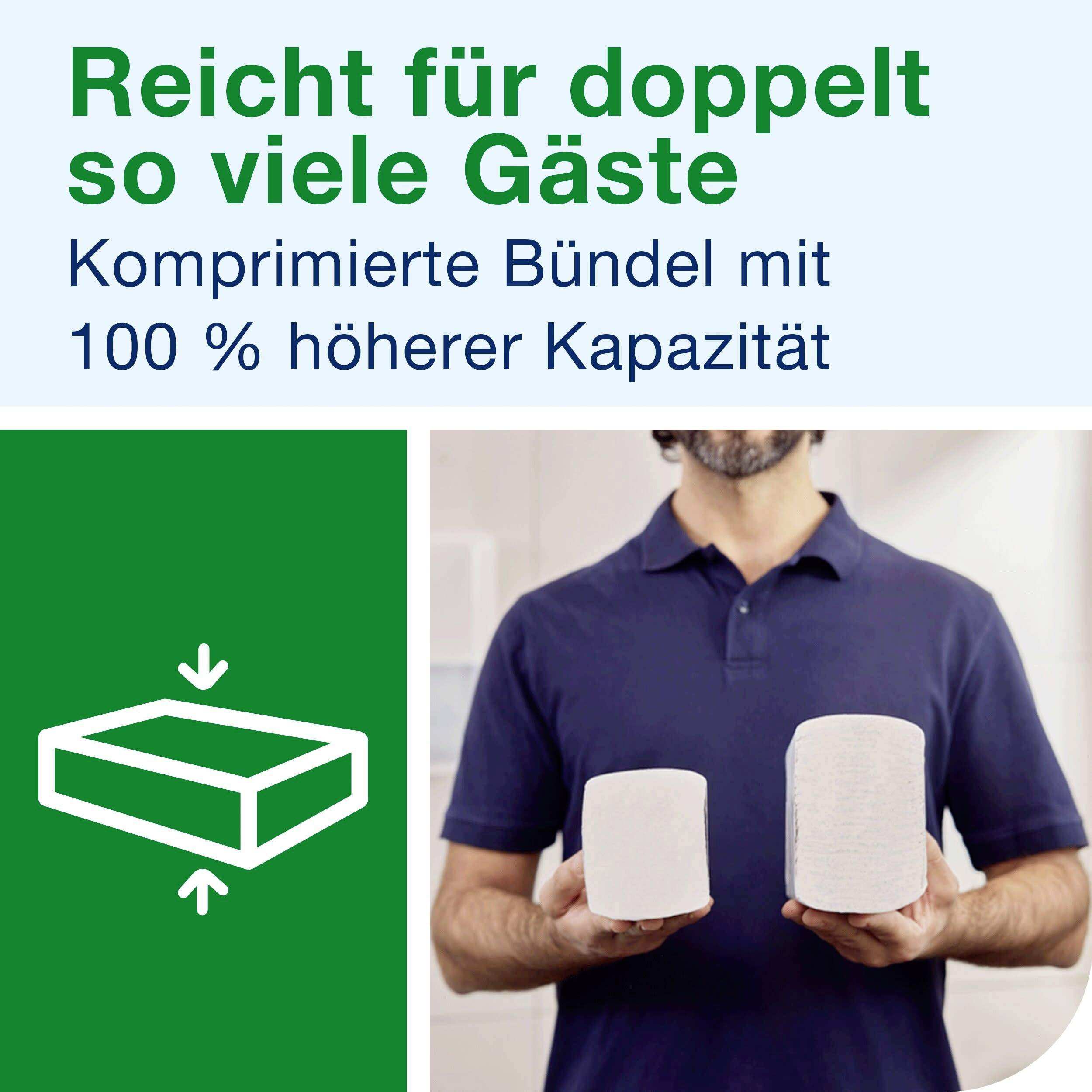 Mann in blauem Polohemd hält zwei Handtuchstapel, einer komprimiert. Text: Reicht für doppelt so viele Gäste, 100% höhere Kapazität.