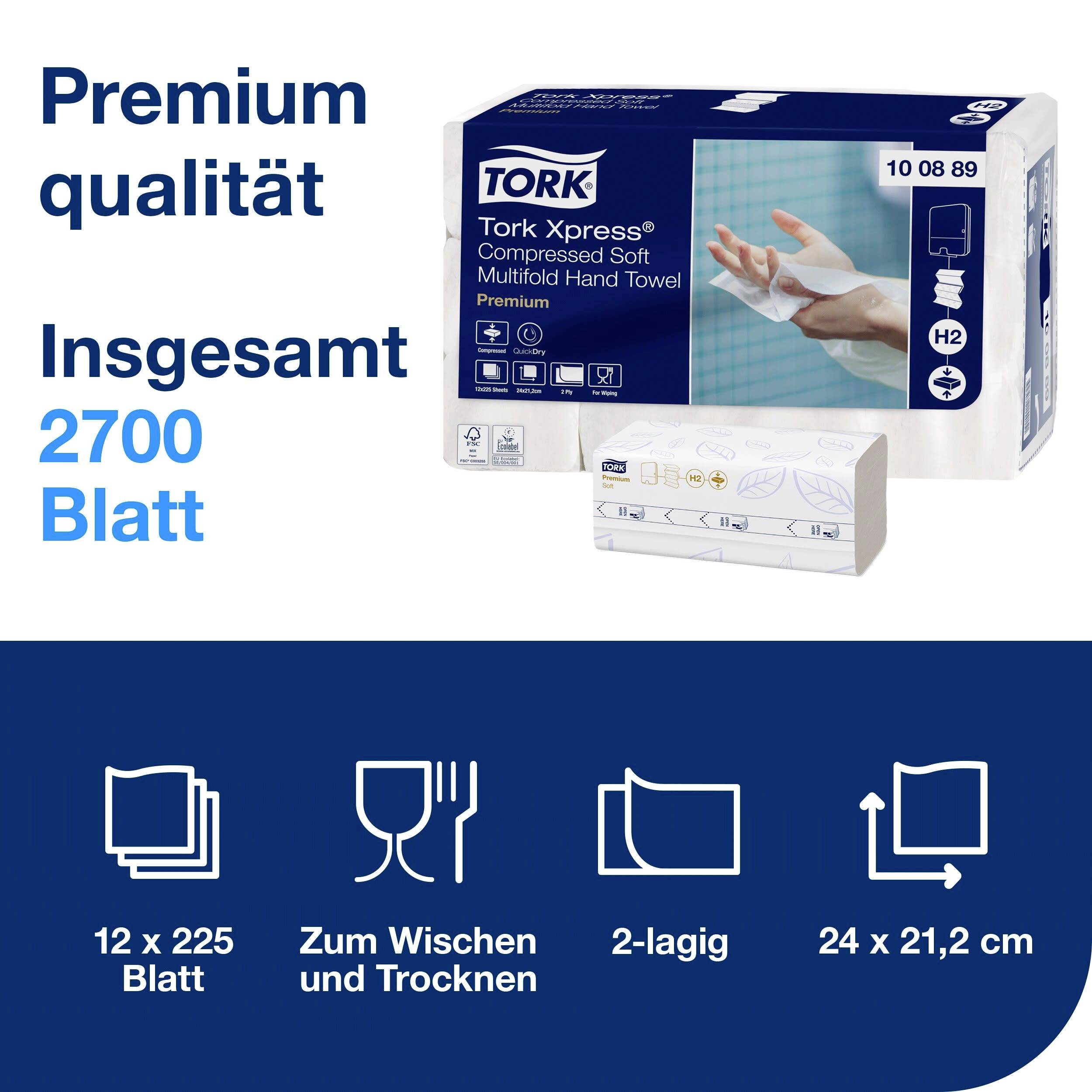Premiumqualität: Tork Xpress Papierhandtücher. 12 Pakete, je 225 Blätter. Ideal zum Hände abtrocknen. Größe: 24 x 21,2 cm.