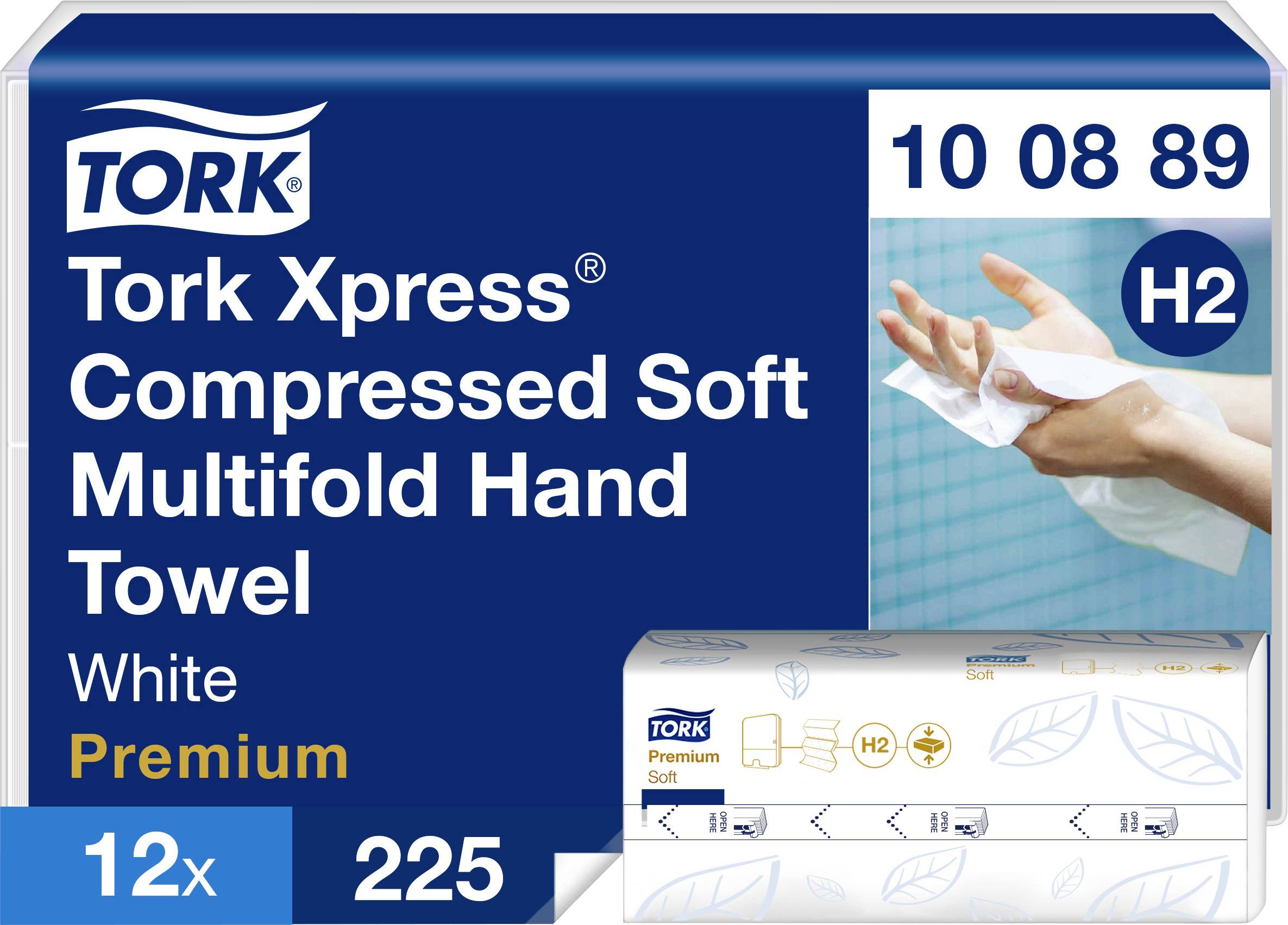 'Packung Tork Xpress Compressed Soft Multifold Hand Towel' mit Abbildung einer Hand, die ein weißes Tuch hält. Enthält 12 Packungen.