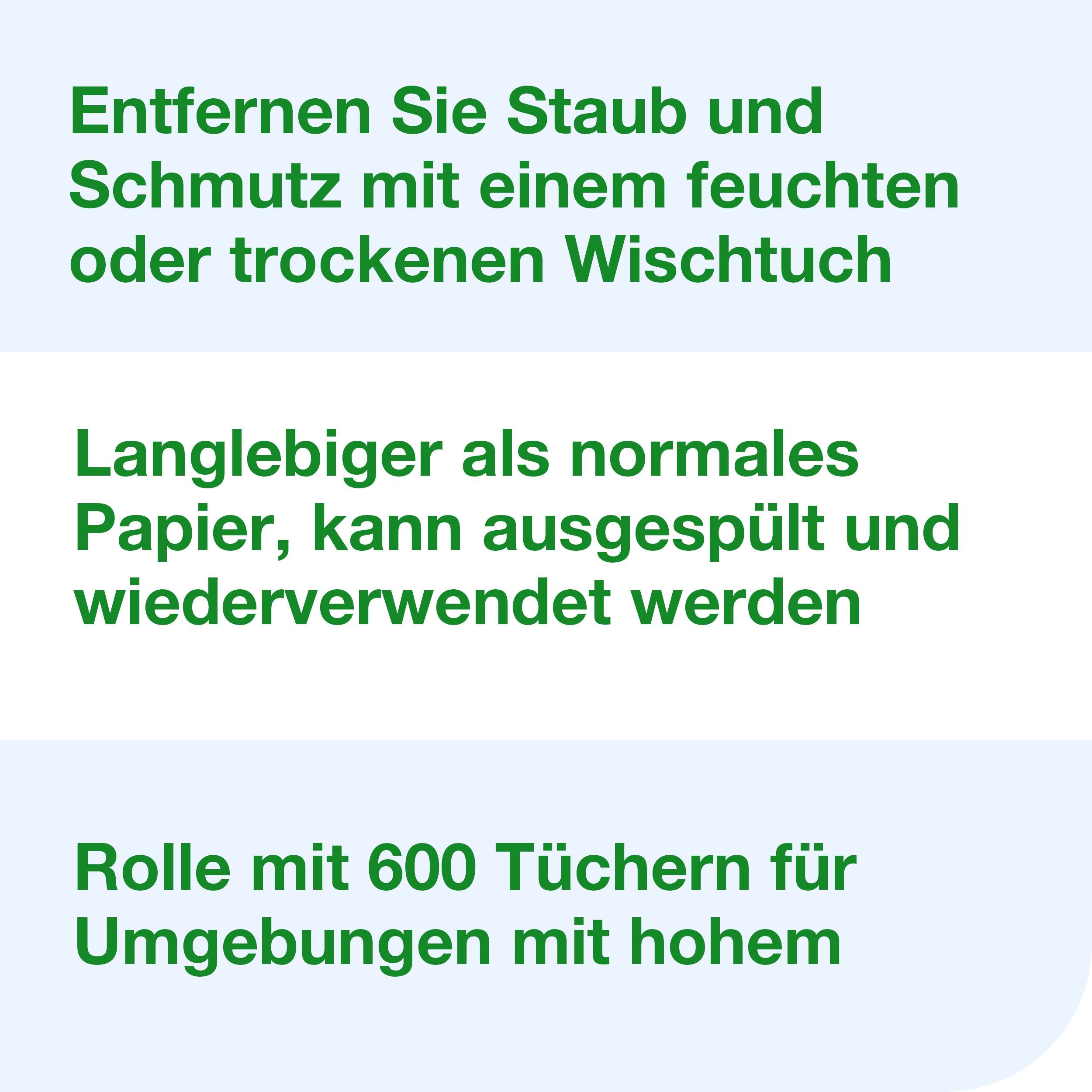 Entfernen Sie Staub und Schmutz mit einem feuchten oder trockenen Wischtuch. Langlebiger als normales Papier, kann ausgespült und wiederverwendet werden.