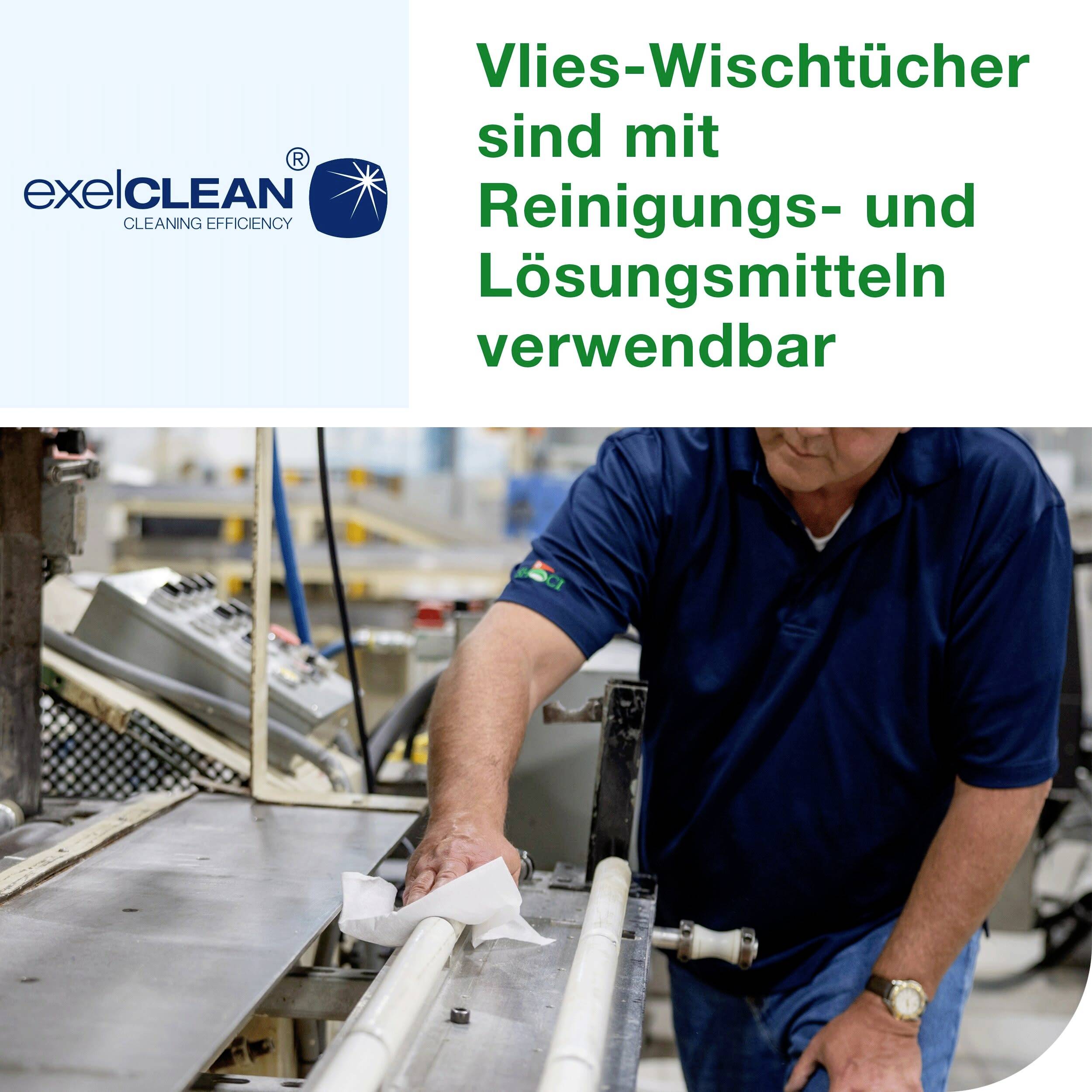 Person wischt Rohre mit Vlies-Wischtuch. Text sagt: 'Vlies-Wischtücher sind mit Reinigungs- und Lösungsmitteln verwendbar.'