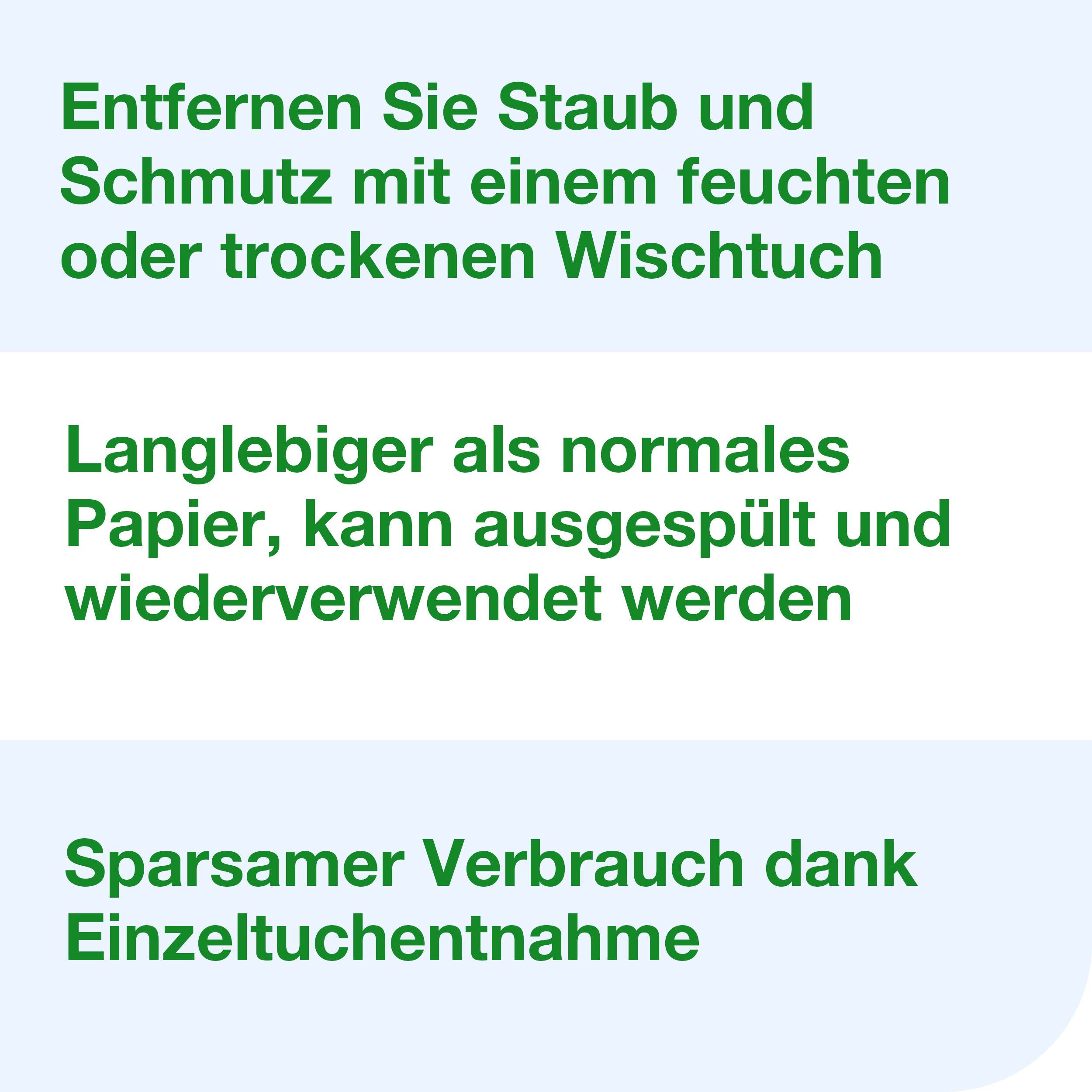 Entfernen Sie Staub und Schmutz mit einem feuchten Wischtuch. Langlebiger als normales Papier, kann ausgespült und wiederverwendet werden. Sparsamer Verbrauch dank Einzeltuchentnahme.