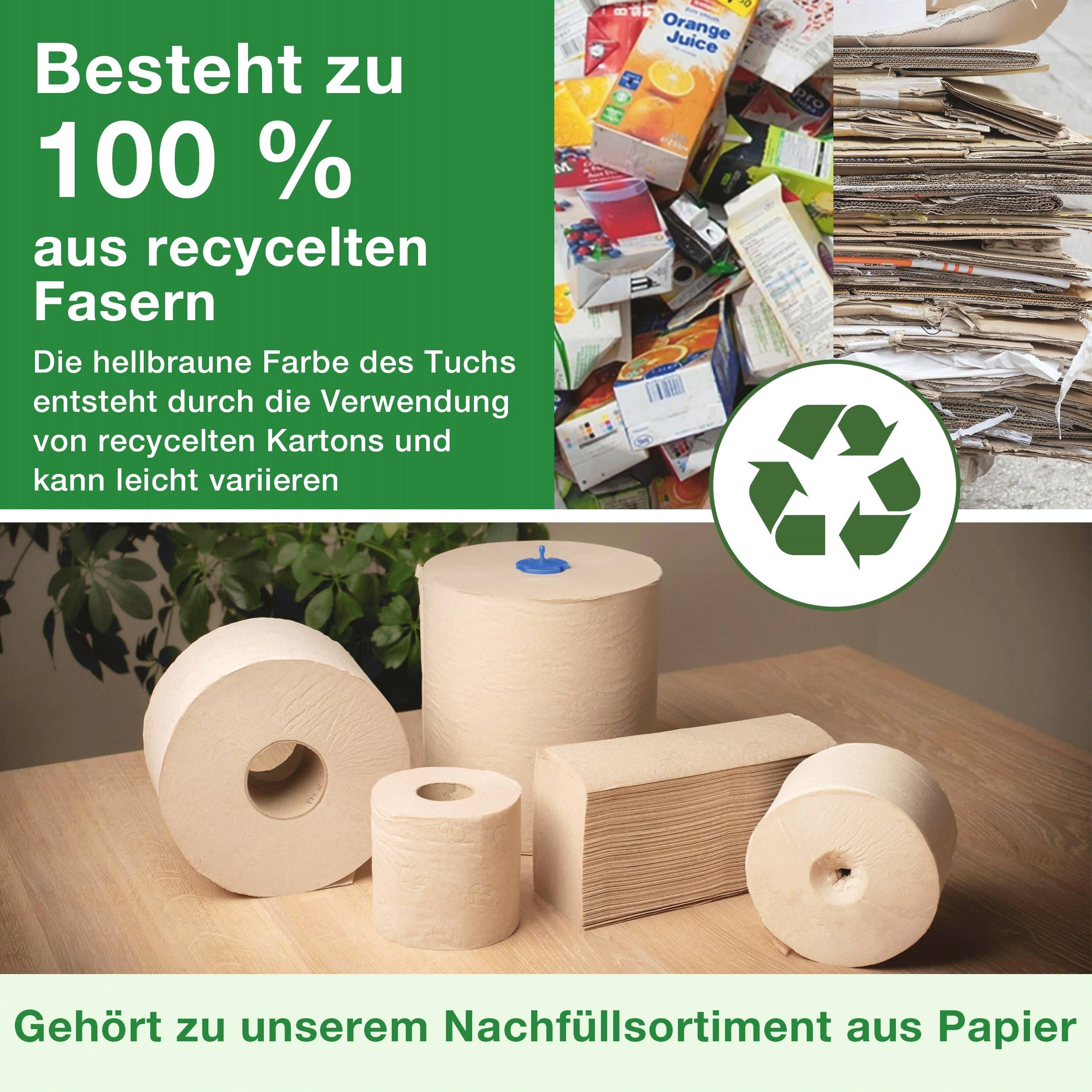 Recycling-Symbol und abgebildete Papierhandtücher. Text: Besteht zu 100% aus recycelten Fasern. Gehört zu unserem Nachfüllsortiment aus Papier.