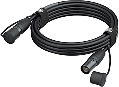 Ein schwarzes Audiokabel mit XLR-Steckern an beiden Enden, aufgerollt und bereit zum Gebrauch in Tonaufnahmen oder Live-Auftritten.