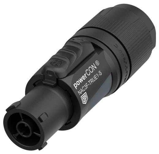 Ein schwarzer powerCON-Stecker mit der Aufschrift 'NAC3F-TOP'. Geeignet für professionelle Audio- und Beleuchtungstechnik.