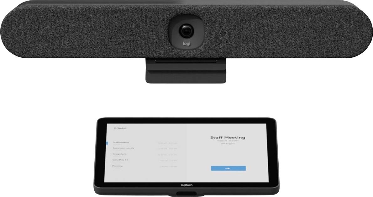Eine Videokonferenzkamera und ein Touchscreen-Panel mit der Aufschrift 'Staff Meeting'. Die Geräte sind für Online-Meetings ausgelegt.