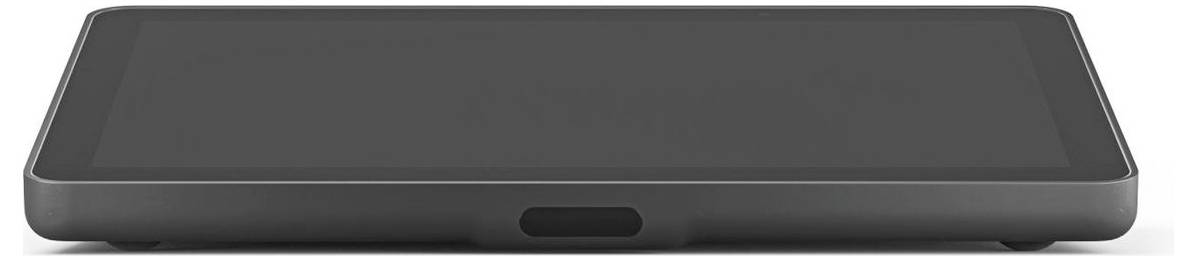 Ein flacher, rechteckiger, schwarzer Bildschirm mit einer abgeschrägten Kante steht auf einem Tisch.