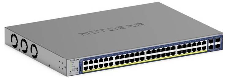 Ein grauer Netzwerk-Switch von Netgear mit 48 Ethernet-Ports, geeignet für große Netzwerkinstallationen.