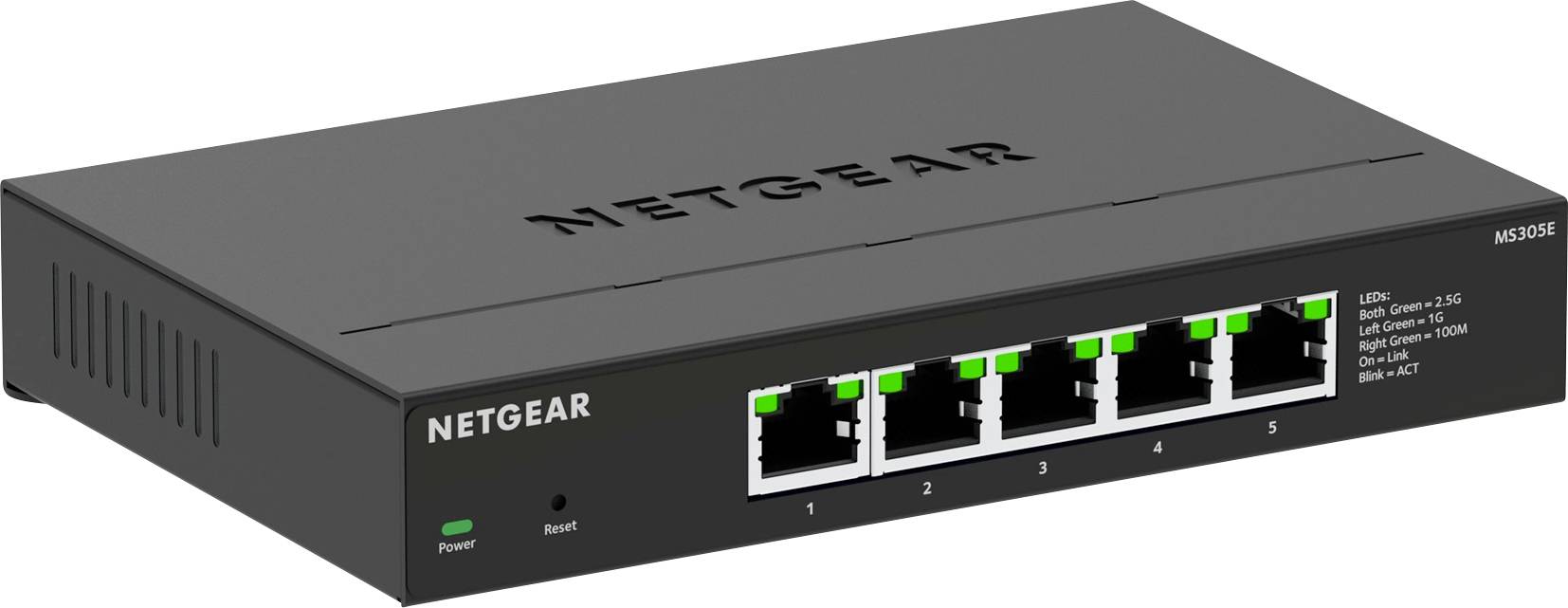 Netzwerkswitch von Netgear mit fünf Ethernet-Ports und LED-Anzeigen für Strom, Verbindung, Geschwindigkeit und Aktivität.