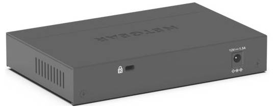 Ein schwarzes Netzwerkgerät mit dem Aufdruck 'Netgear'. Auf der Vorderseite sind ein Schloss-Symbol und Stromanschluss zu sehen.