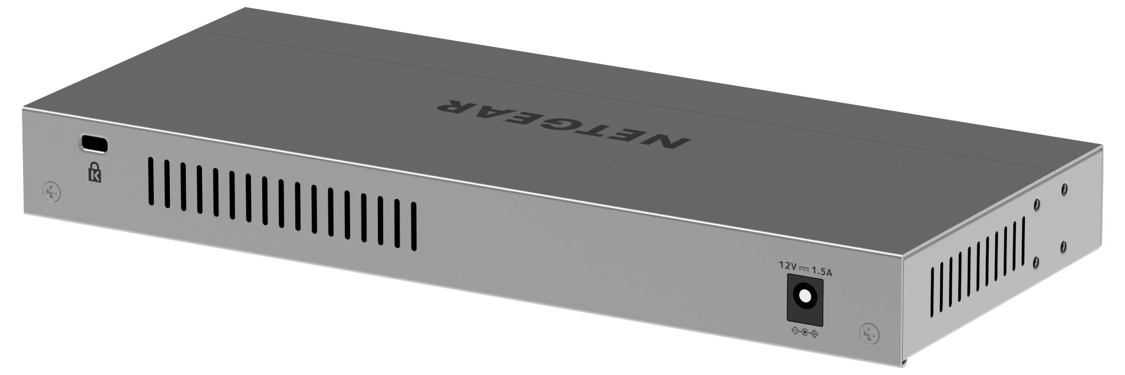 Netzwerk-Switch in rechteckiger Form mit Netgear-Logo, Lüftungsschlitzen und Anschlüssen an der Vorderseite.