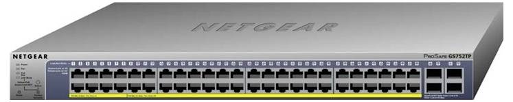 Netzwerkswitch von Netgear mit 48 Ethernet-Ports und mehreren SFP-Ports, Modell 'ProSafe GS752TP', für geschäftliche Netzwerkinfrastrukturen.
